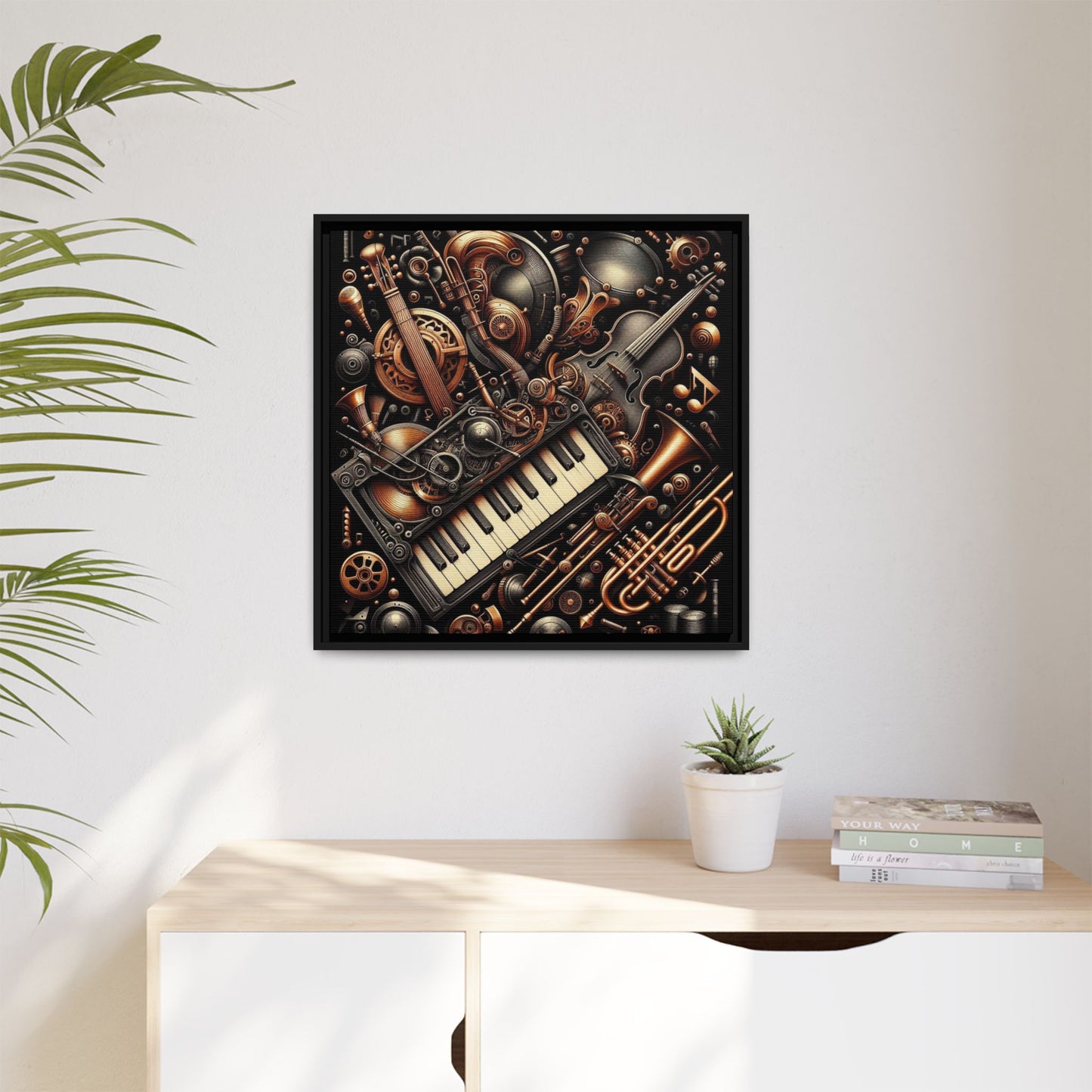 Modern Music-Themed Steampunk Style Print Abstract Design Unique Framed Canvas Print Wall Art Music Lover Gift Decor 3 frame colors