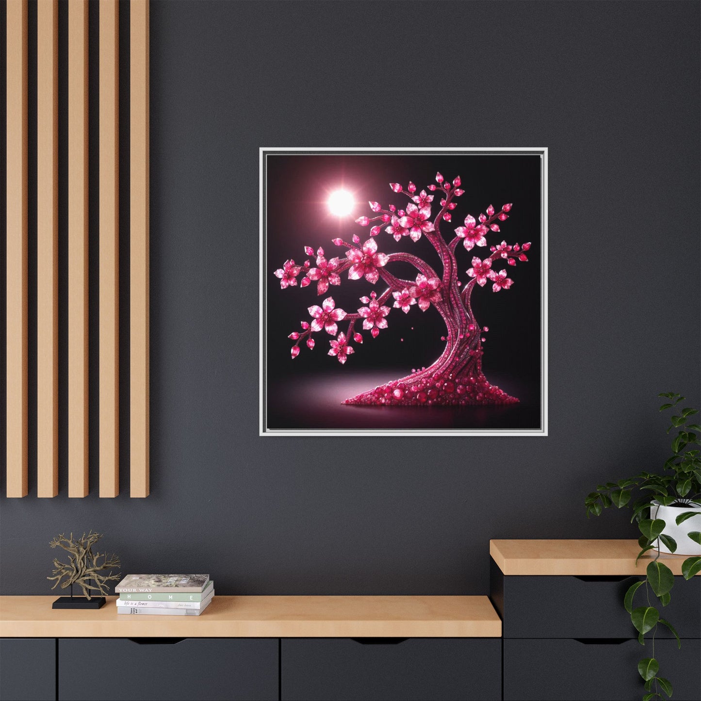 Pink Bejeweled Bonzai Tree Framed Canvas Print Wall Art Unique Nature Lover Asian Art Gift Decor 3 Frame Colors