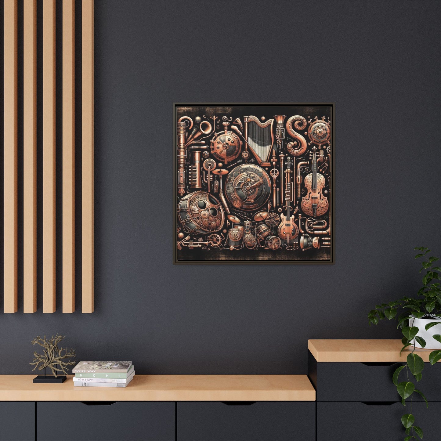 Modern Music-Themed Steampunk Style Print Abstract Design Unique Framed Canvas Print Wall Art Music Lover Gift Decor 3 frame colors