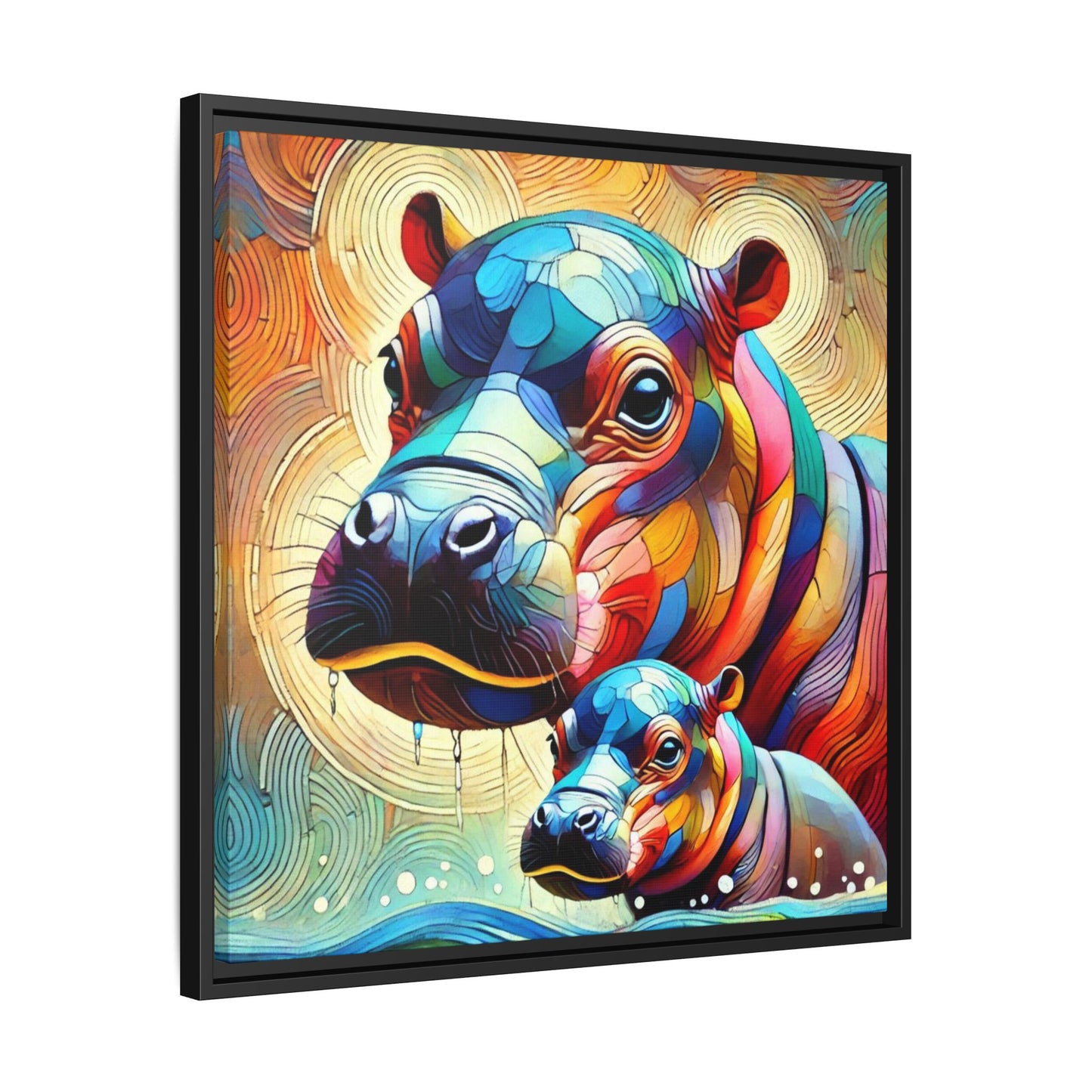 Modern Hippo Print Abstract Design Unique Framed Canvas Print Baby Hippo Wall Art Animal Lover Gift Nature Lover Decor 3 frame colors