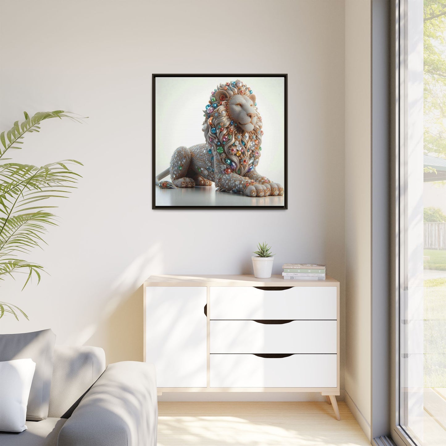 Bejeweled Lion Framed Canvas Print Wall Art Unique Fashion Designer Haute Couture Fashionista Animal Lover Gift Decor 3 Frame Colors