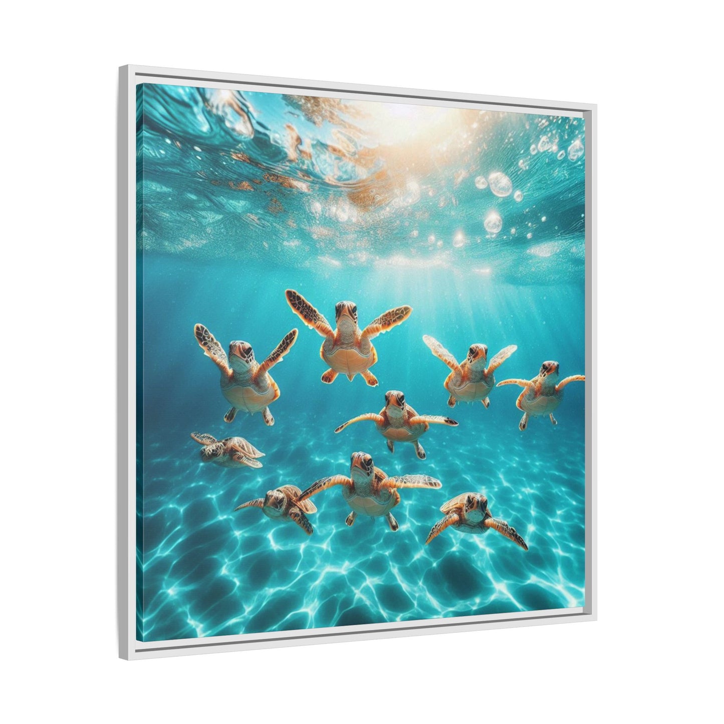 Baby Sea Turtles Out for a Swim Framed Canvas Wall Art Beach Lover Vacation Oceanic Gift Nature Lover Peaceful Zen Gift 3 frame colors
