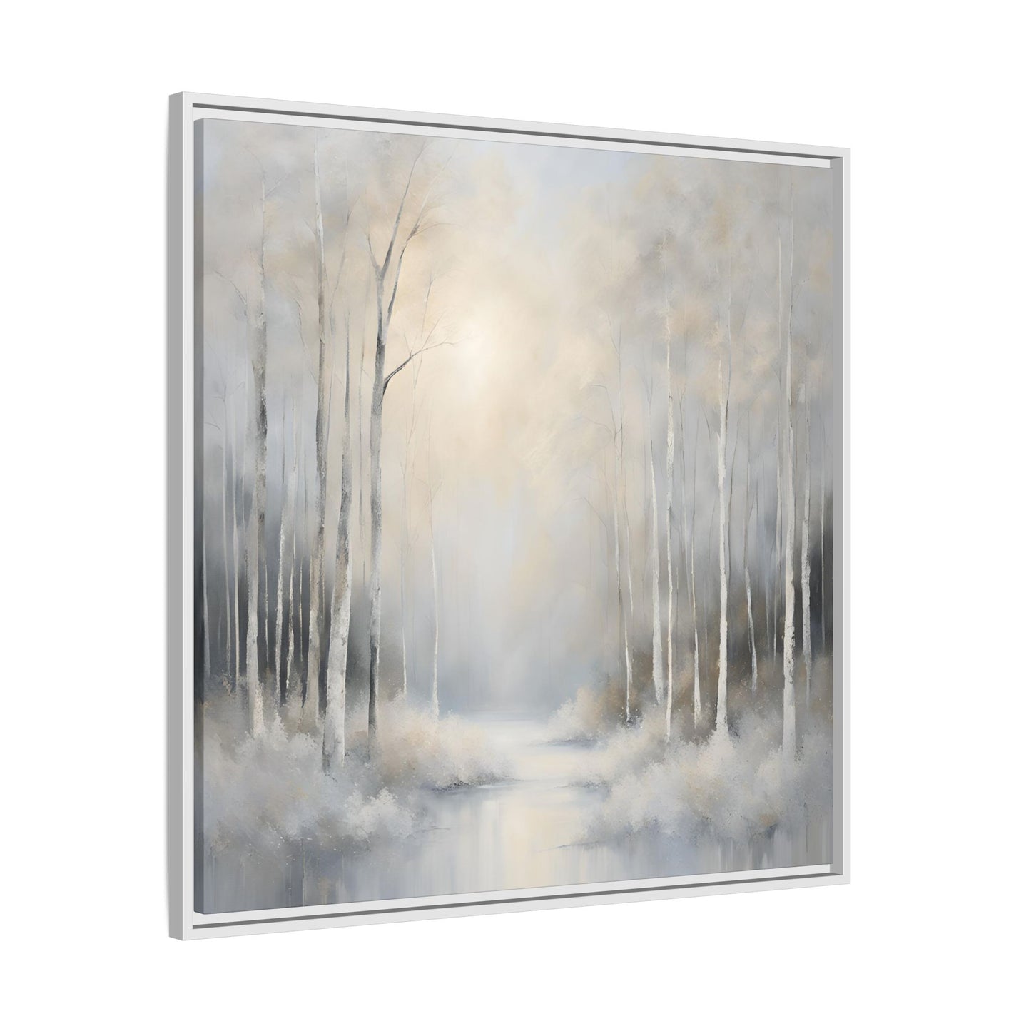 Modern Abstract White Forest Design Unique Framed Canvas Wall Art Ocean Beach Gift Nature Lover Gift 3 frame colors