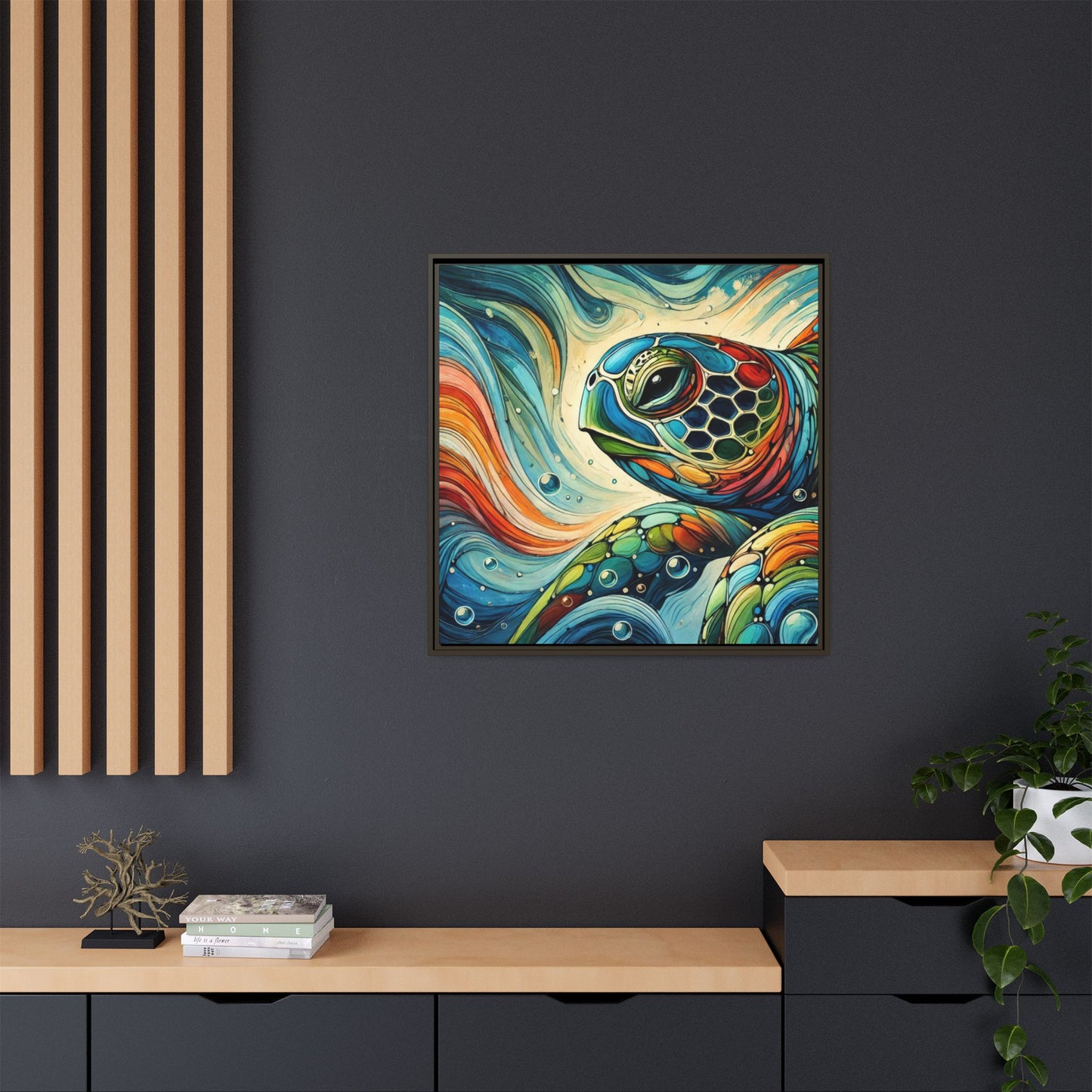 Modern Sea Turtle Print Abstract Design Unique Framed Canvas Print Oceanic Wall Art Animal Lover Gift Nature Lover Decor 3 frame colors
