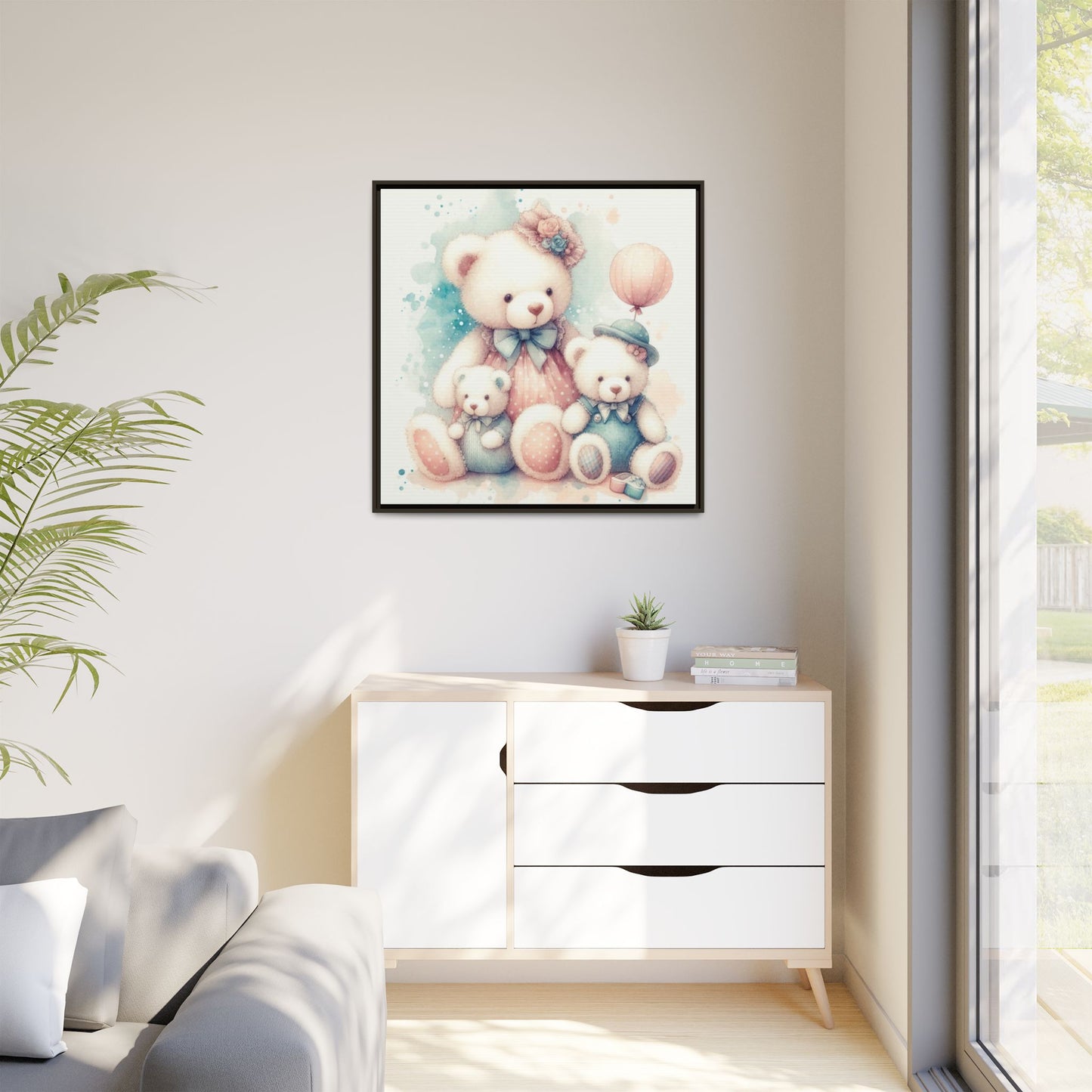 Whimsical Nursery Decor Pastel Floral Teddy Bear Design Wall Art Unique Sweet Baby Room Framed Canvas Print Unisex Baby Shower Gift