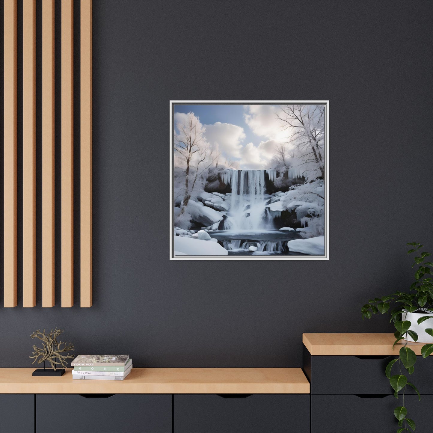 Modern Snowy Waterfall Design Unique Framed Canvas Wall Art Winter Scene Nature Lover Gift Mountain Landscape Decor Gift 3 frame colors