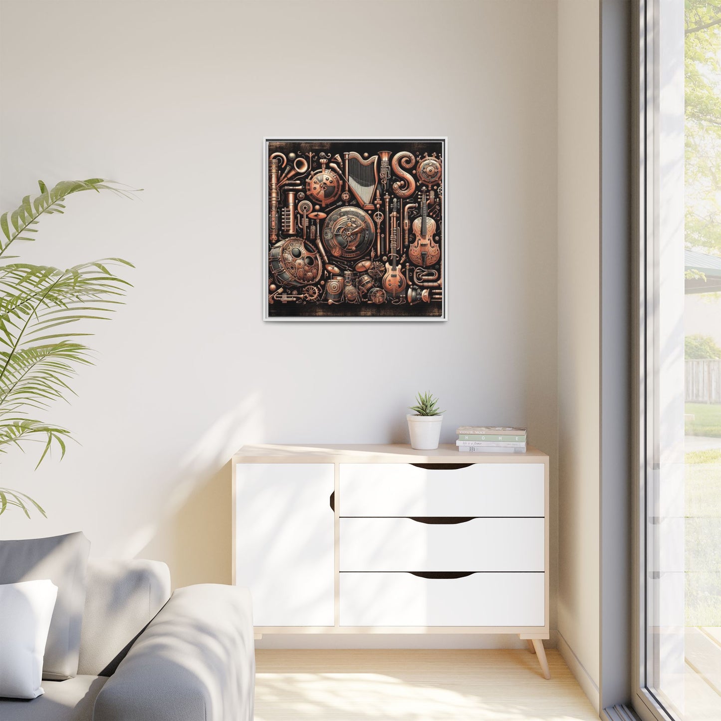 Modern Music-Themed Steampunk Style Print Abstract Design Unique Framed Canvas Print Wall Art Music Lover Gift Decor 3 frame colors