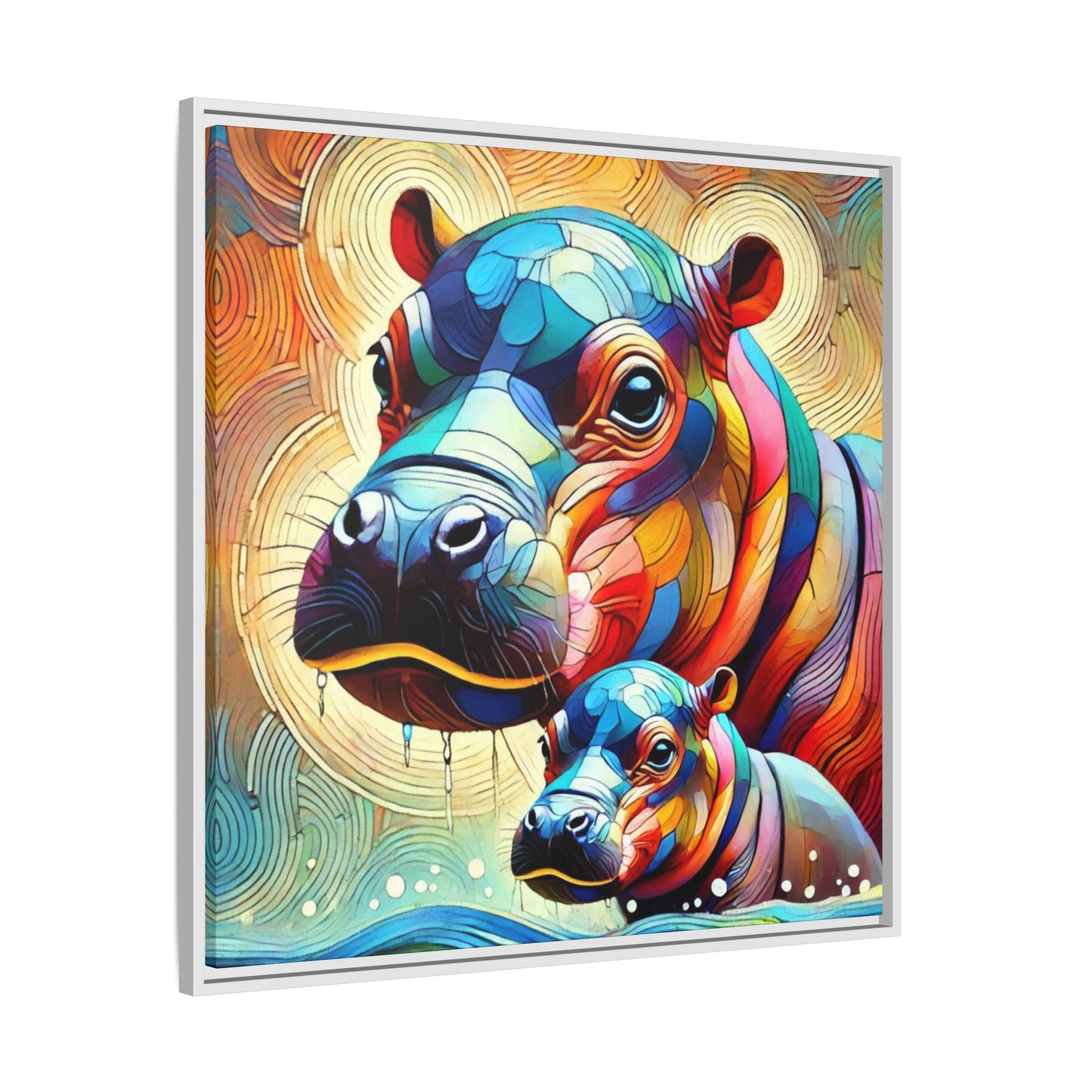 Modern Hippo Print Abstract Design Unique Framed Canvas Print Baby Hippo Wall Art Animal Lover Gift Nature Lover Decor 3 frame colors