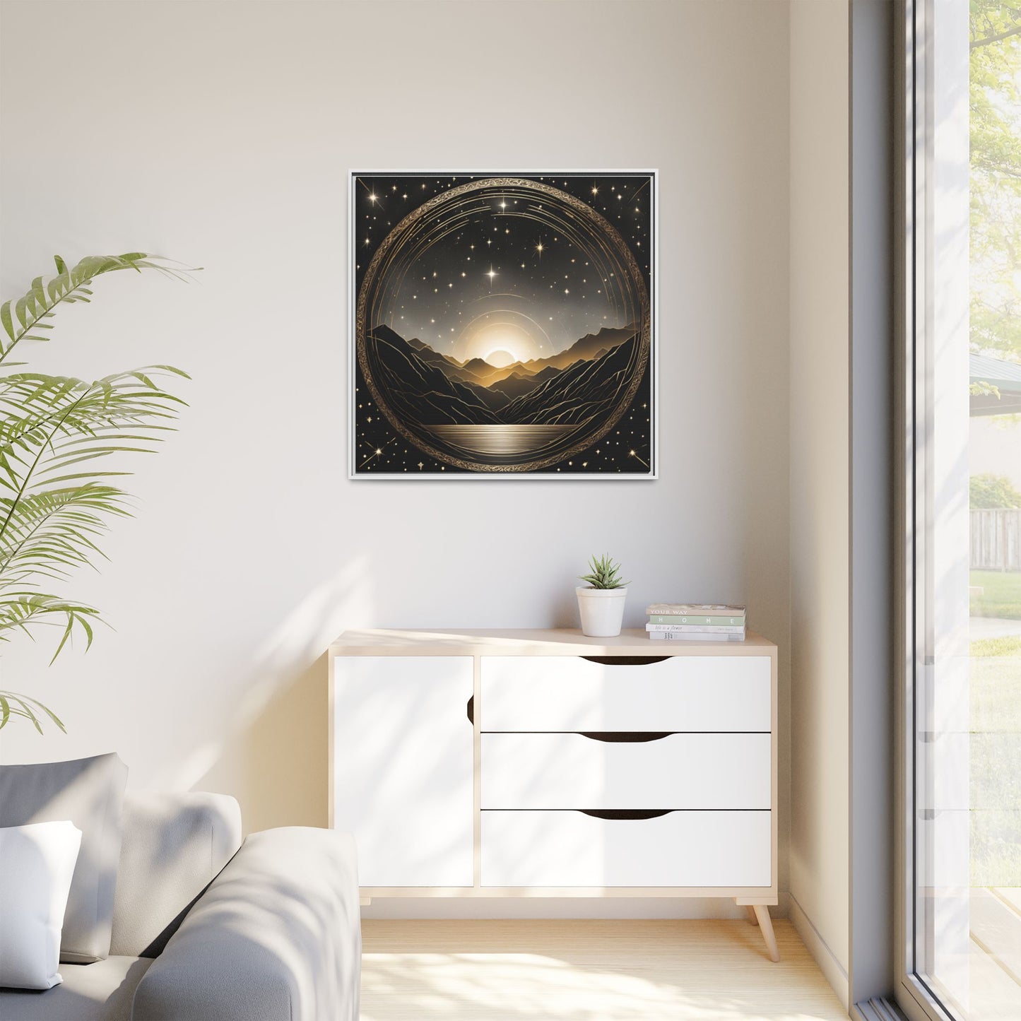 Boho Celestial Design Unique Framed Canvas Wall Art Sun and Stars Astrological Gift Nature Lover Gift Astronomy Gift 3 frame color choices