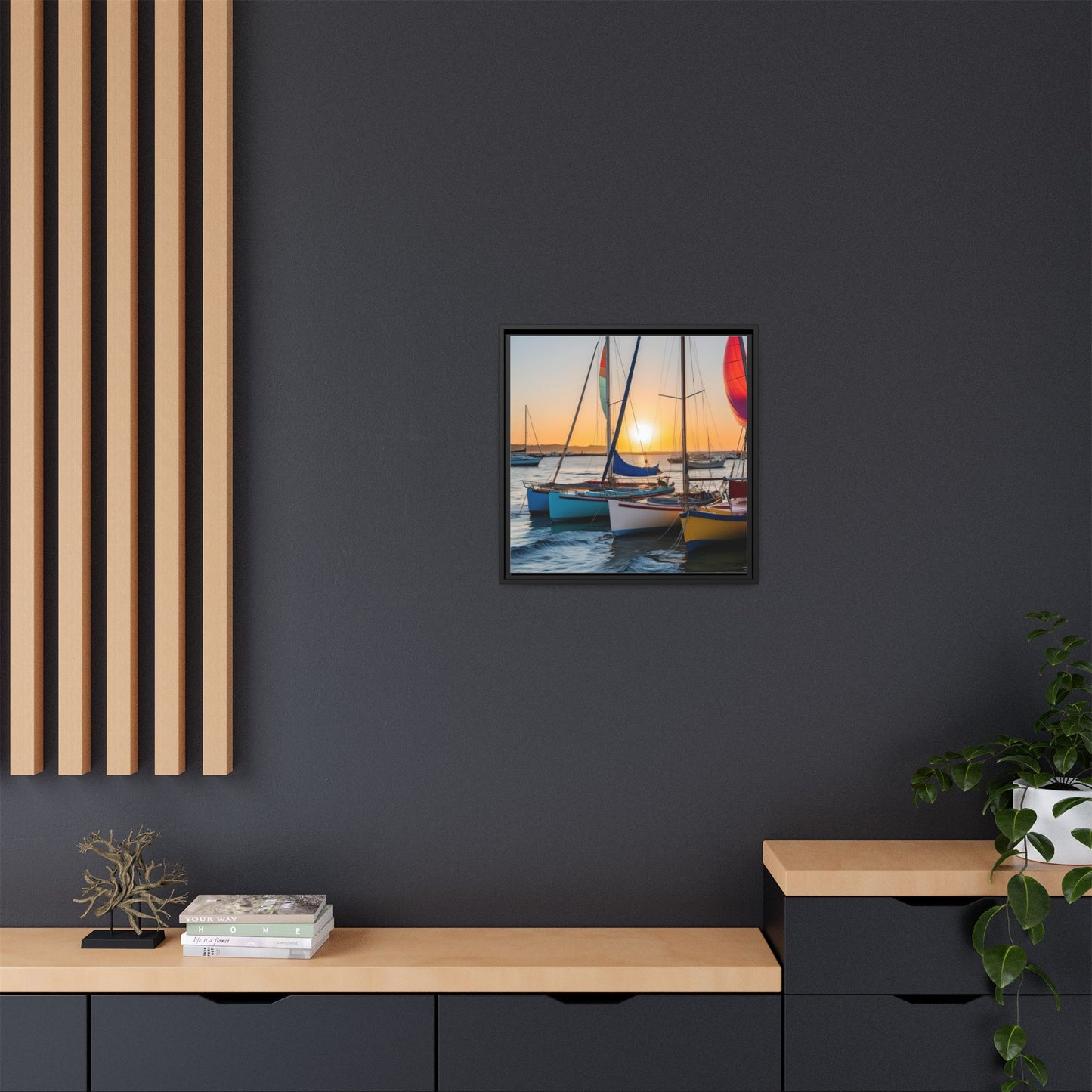 Sailboats at Sunset in Harbor Framed Canvas Wall Art Beach Lover Vacation Oceanic Gift Nature Lover Peaceful Zen Sunrise Art 3 frame colors