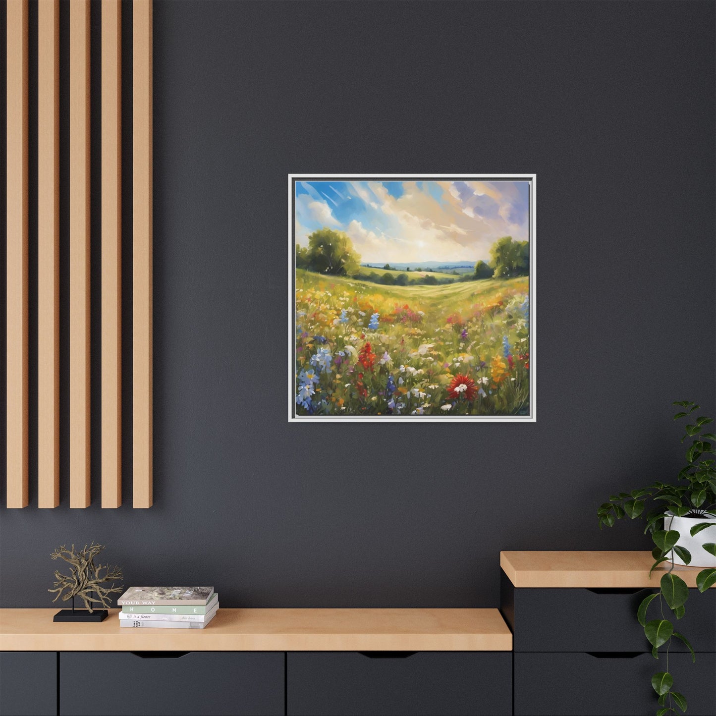 Modern Filed of Flowers Design Unique Framed Canvas Wall Art Gift Nature Lover Landscape Decor Gift 3 frame colors