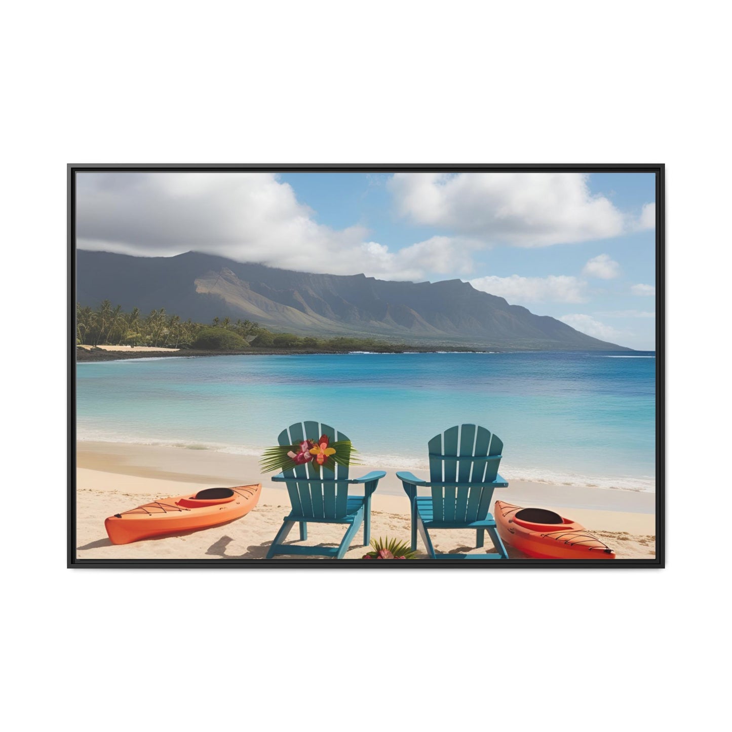 Chairs on the Beach Print Unique Framed Canvas Print Wall Art Gift Beachy Nature Lover Ocean Waves Hawaiian Vacation Decor 3 frame colors