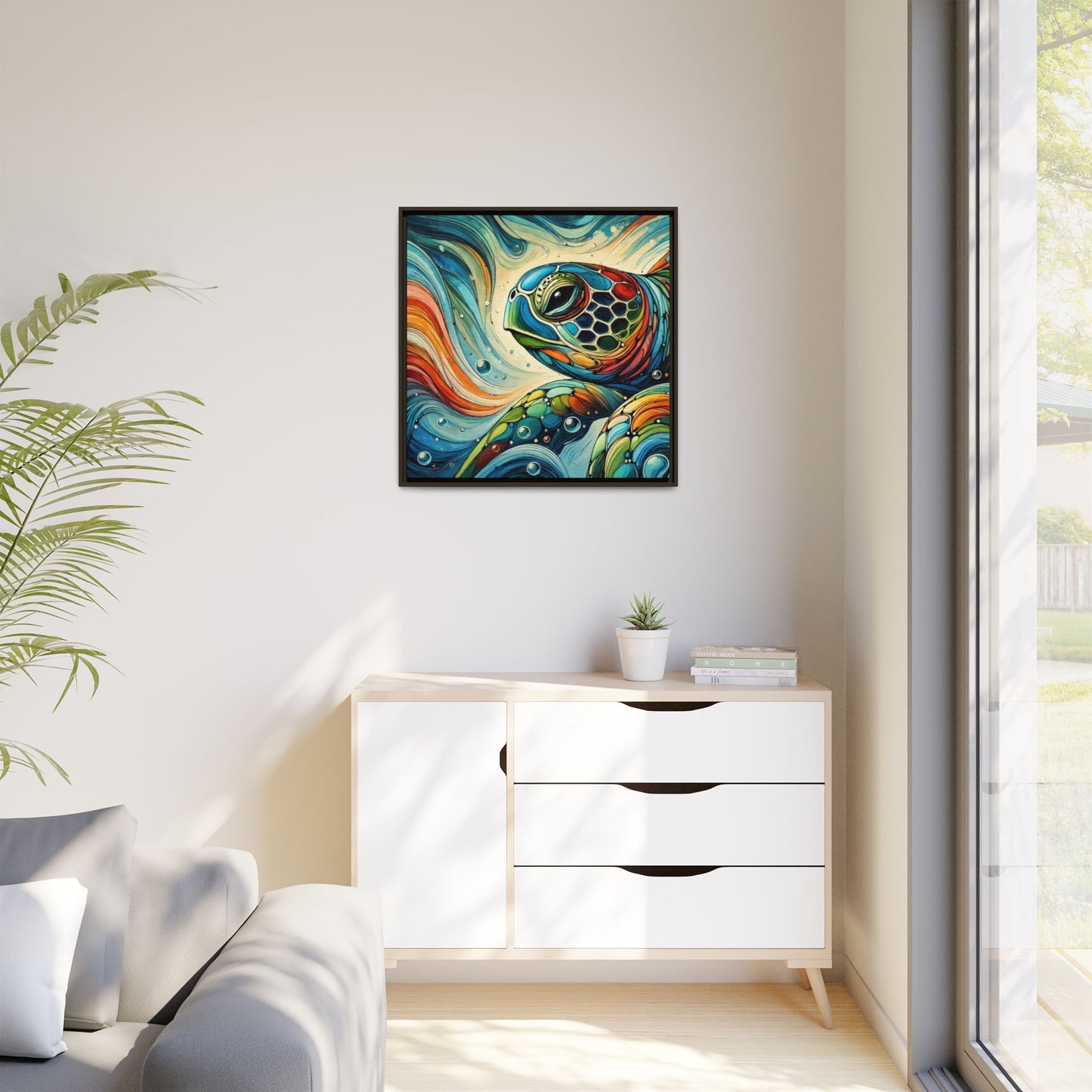 Modern Sea Turtle Print Abstract Design Unique Framed Canvas Print Oceanic Wall Art Animal Lover Gift Nature Lover Decor 3 frame colors