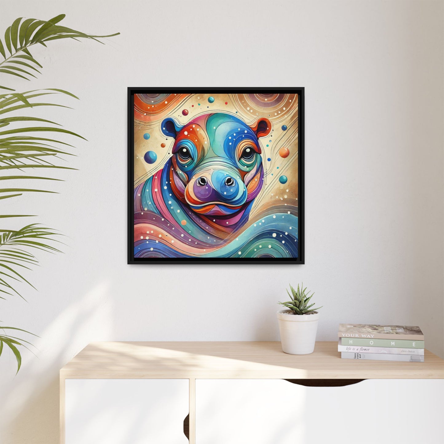 Modern Hippo Print Abstract Design Unique Framed Canvas Print Baby Hippo Wall Art Animal Lover Gift Nature Lover Decor 3 frame colors
