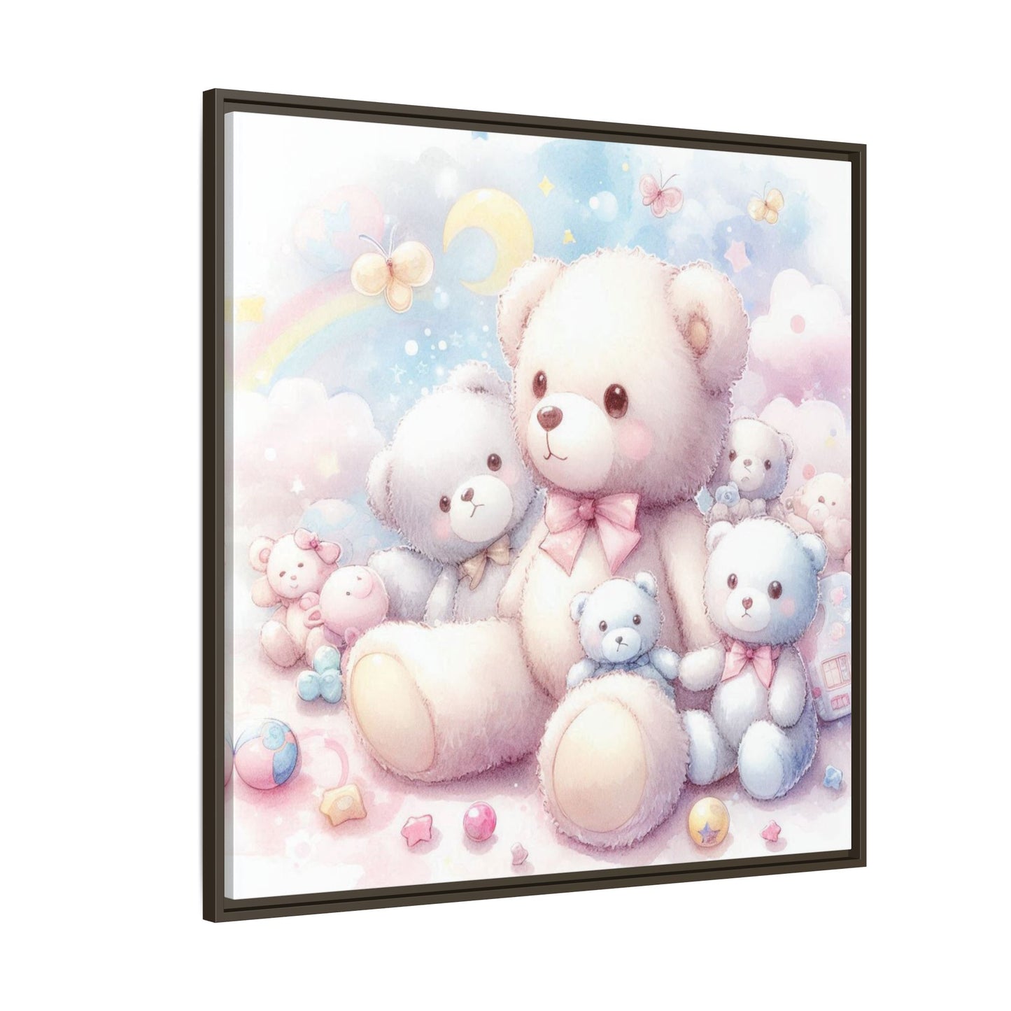 Whimsical Nursery Decor Pastel Floral Teddy Bear Design Wall Art Unique Sweet Baby Room Framed Canvas Print Unisex Baby Shower Gift