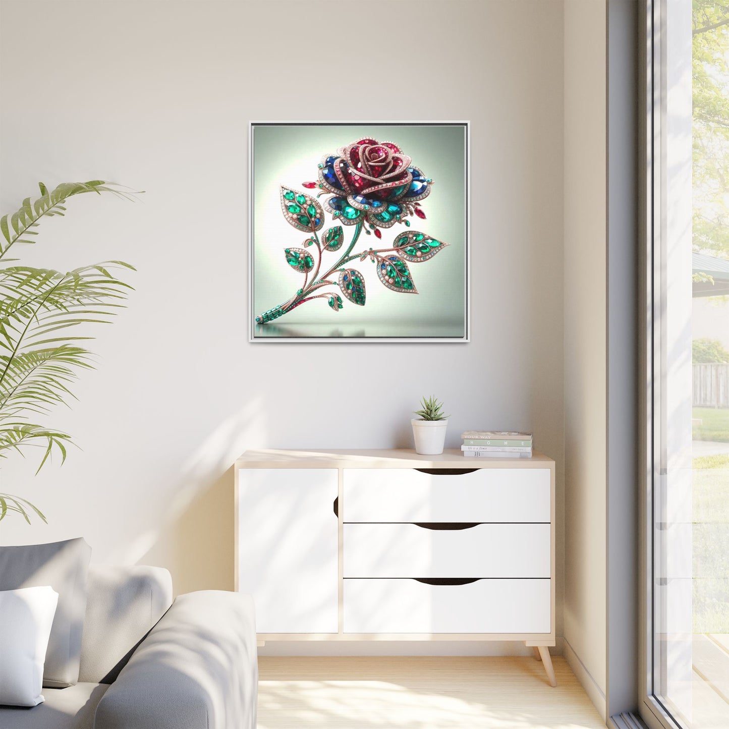 Bejeweled Rose Framed Canvas Print Wall Art Unique Fashion Designer Haute Couture Fashionista Flower Lover Gift Decor 3 Frame Colors