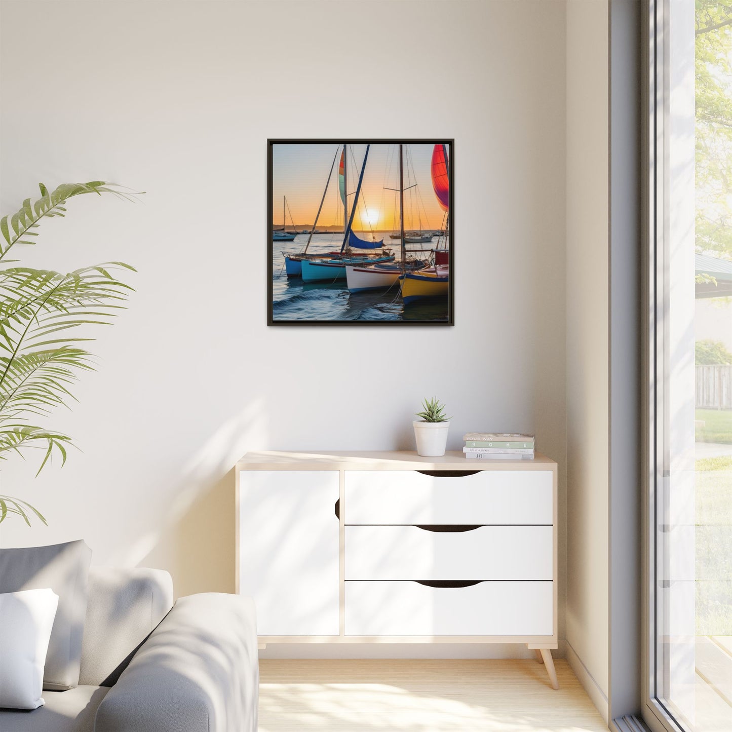 Sailboats at Sunset in Harbor Framed Canvas Wall Art Beach Lover Vacation Oceanic Gift Nature Lover Peaceful Zen Sunrise Art 3 frame colors