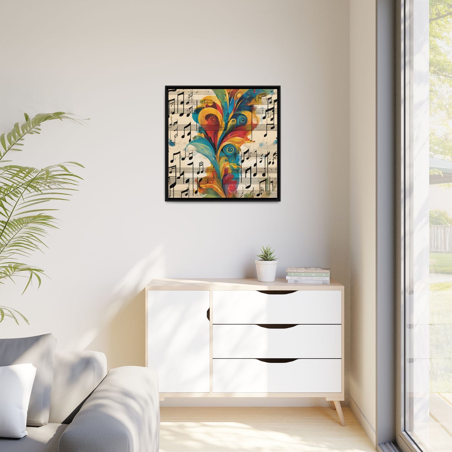 Modern Sheet Music-Themed Print Abstract Design Unique Framed Canvas Print Treble Clef Note Wall Art Music Lover Gift Decor 3 frame colors