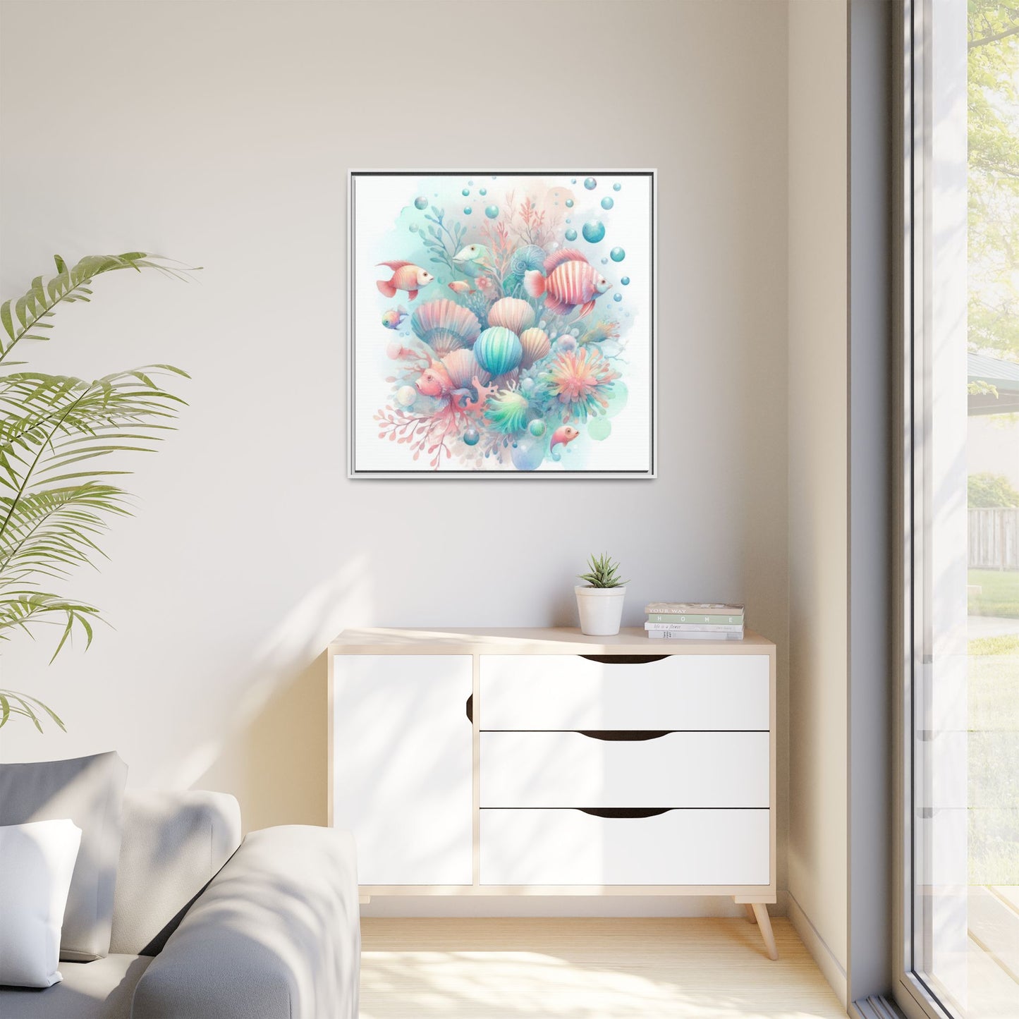 Whimsical Nursery Decor Pastel Underwater Design Unique Sweet Baby Room Framed Canvas Ocean Fish Print Unisex Baby Shower Coral Reef Gift