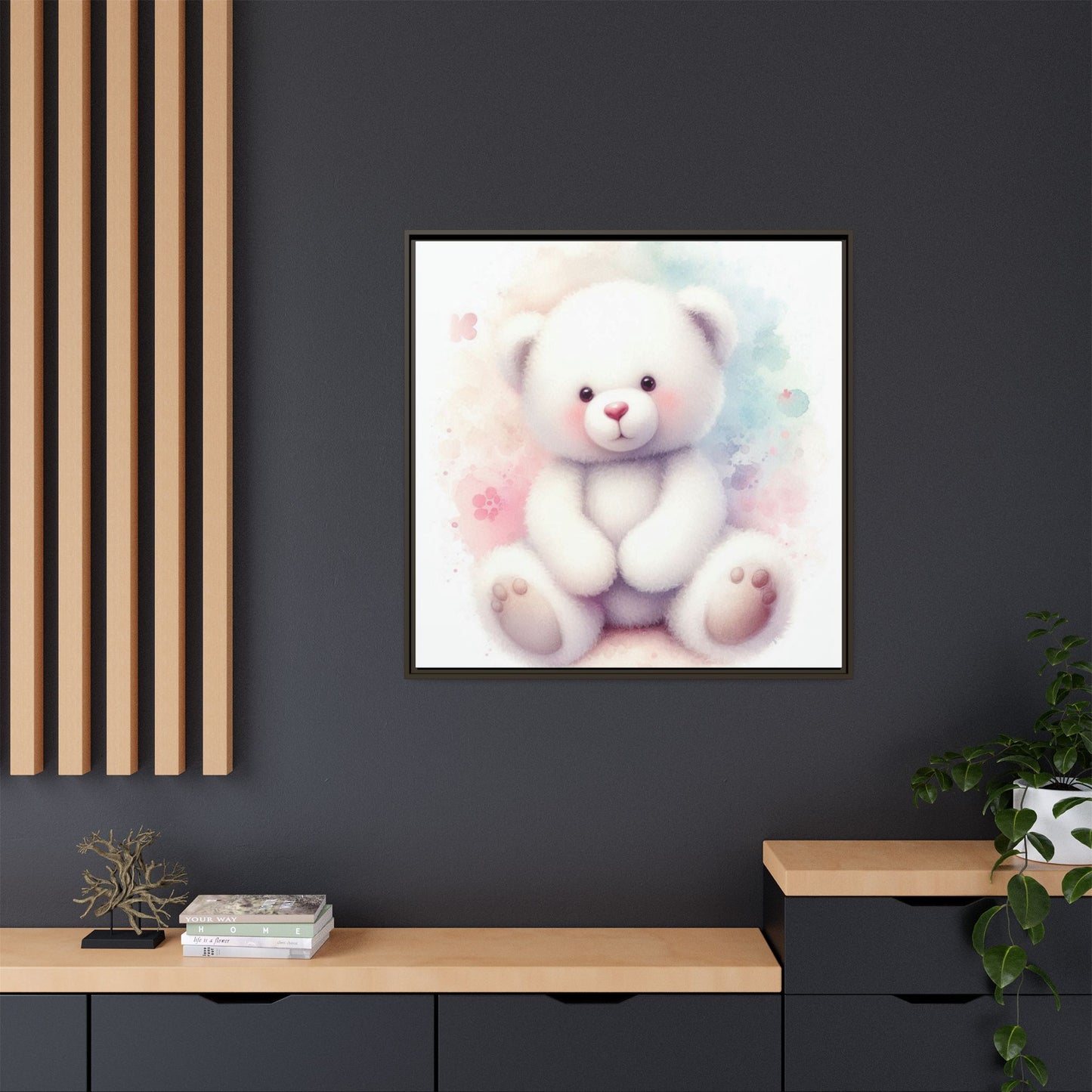 Whimsical Nursery Decor Pastel Floral Teddy Bear Design Wall Art Unique Sweet Baby Room Framed Canvas Print Unisex Baby Shower Gift