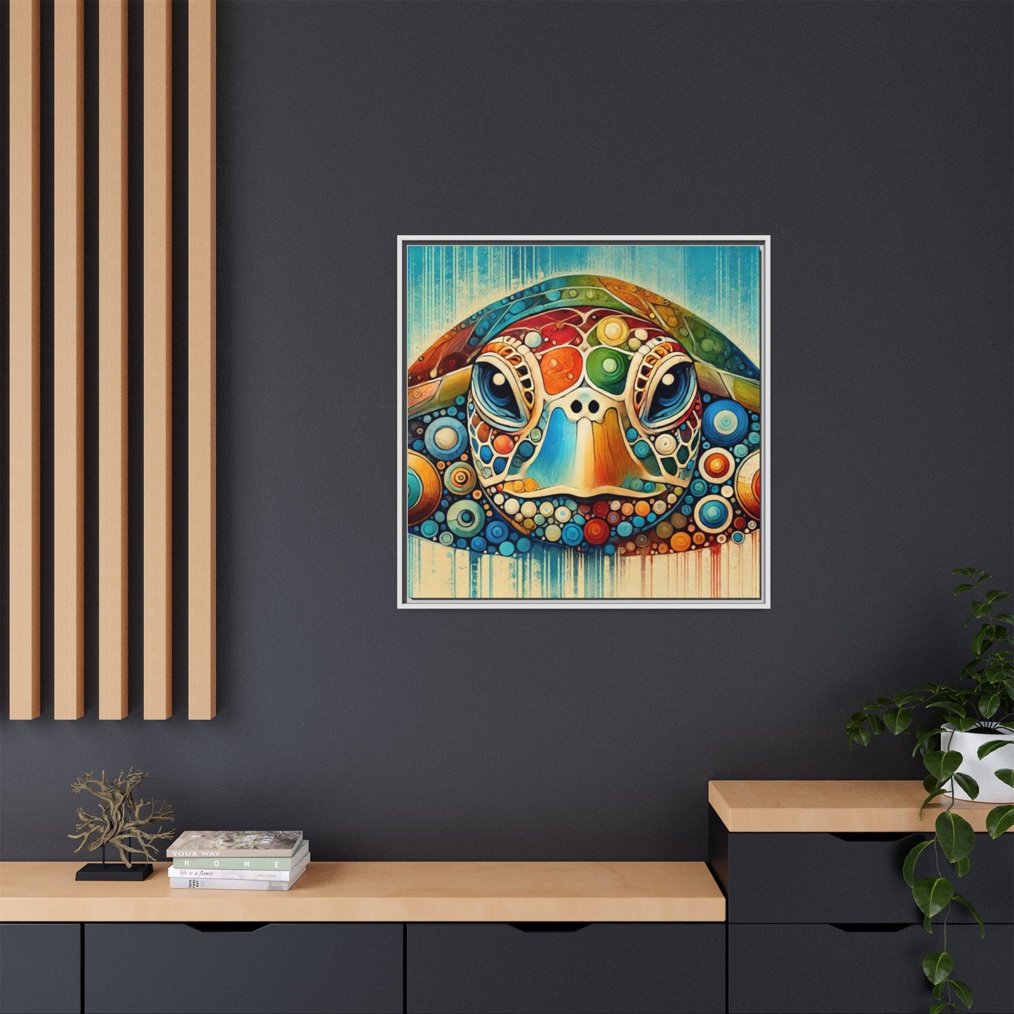 Modern Sea Turtle Print Abstract Design Unique Framed Canvas Print Oceanic Beachy Wall Art Animal Lover Nature Lover Decor 3 frame colors