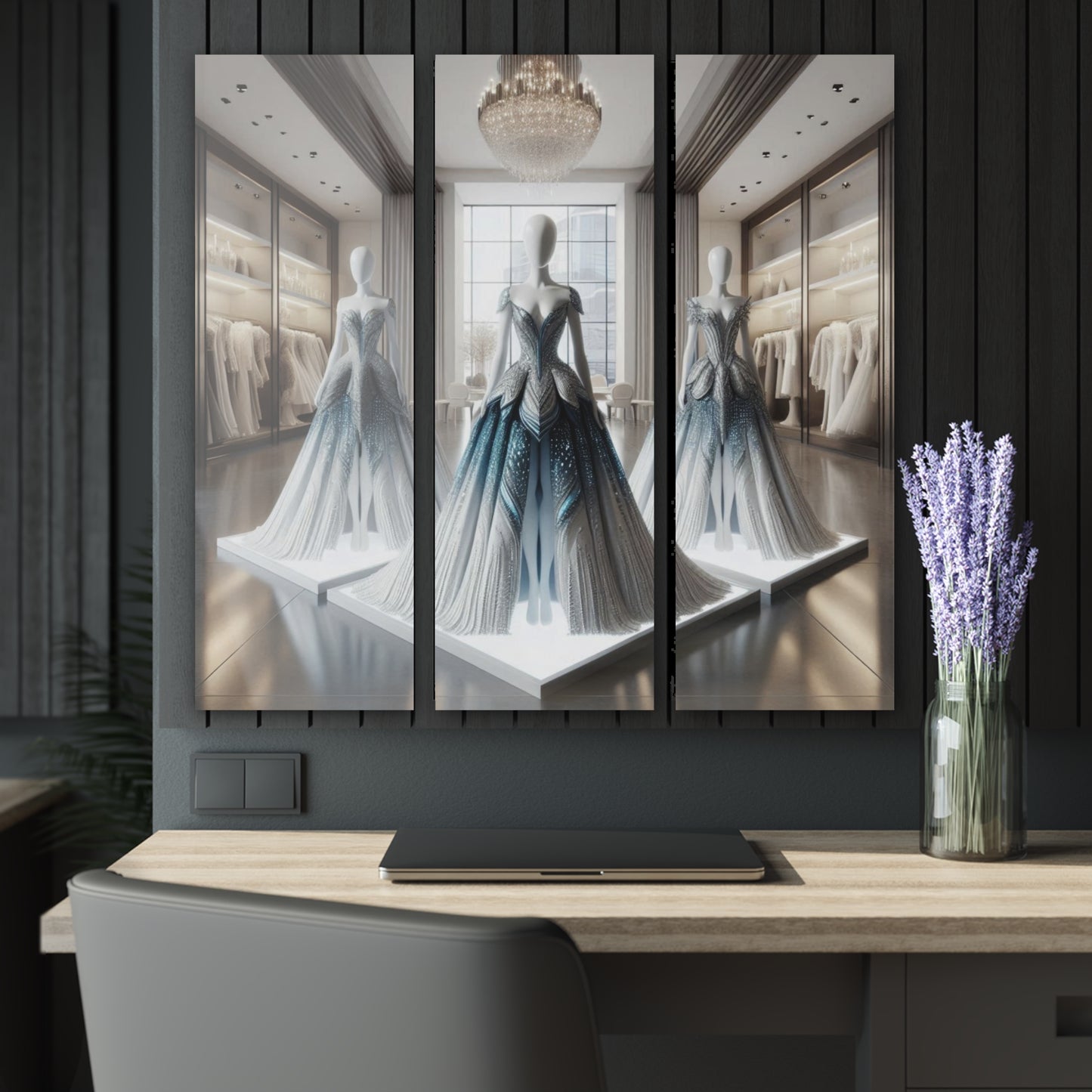 Modern Futuristic Design Runway Dress Triptych 3-Panel Acrylic Print Wall Art Unique Haute Couture Fashionista Fantasy Style Decor