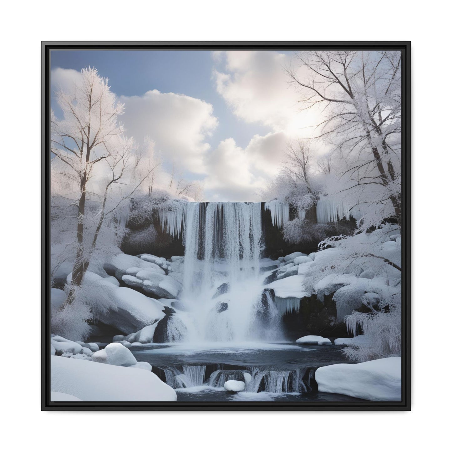 Modern Snowy Waterfall Design Unique Framed Canvas Wall Art Winter Scene Nature Lover Gift Mountain Landscape Decor Gift 3 frame colors
