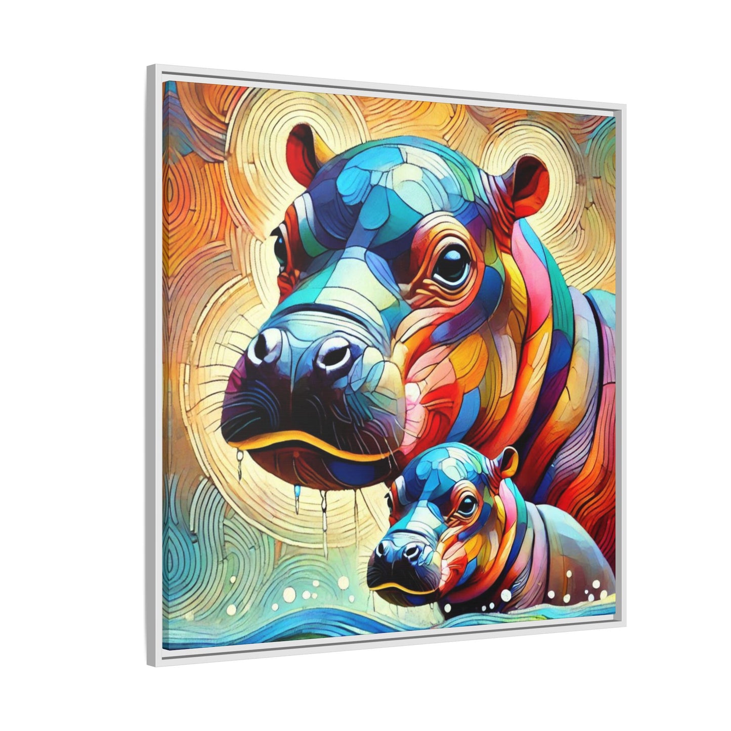 Modern Hippo Print Abstract Design Unique Framed Canvas Print Baby Hippo Wall Art Animal Lover Gift Nature Lover Decor 3 frame colors