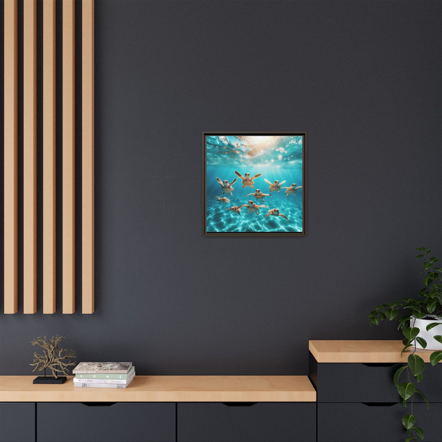 Baby Sea Turtles Out for a Swim Framed Canvas Wall Art Beach Lover Vacation Oceanic Gift Nature Lover Peaceful Zen Gift 3 frame colors
