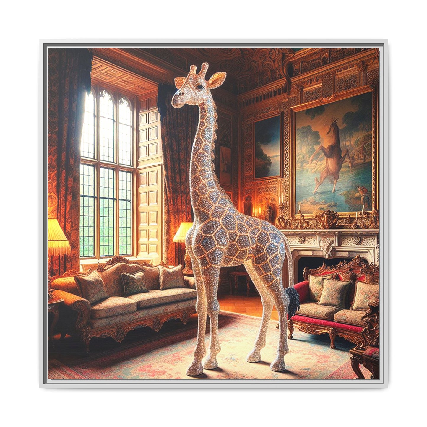 Bejeweled Giraffe Framed Canvas Print Wall Art Unique Fashion Designer Haute Couture Fashionista Animal Lover Gift Decor 3 Frame Colors
