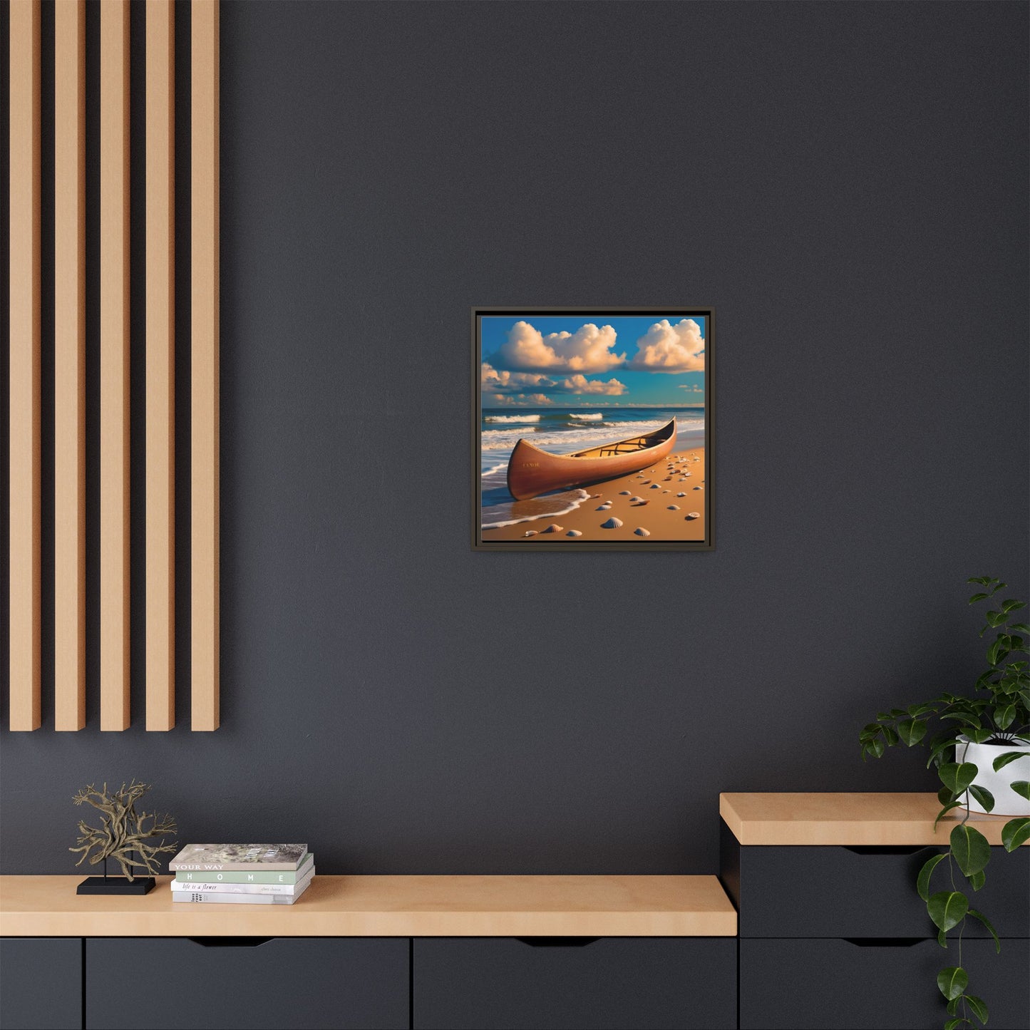 Canoe on the Beach Calm Sunny Day Framed Canvas Wall Art Beach Lover Vacation Oceanic Gift Nature Lover Peaceful Zen Gift 3 frame colors