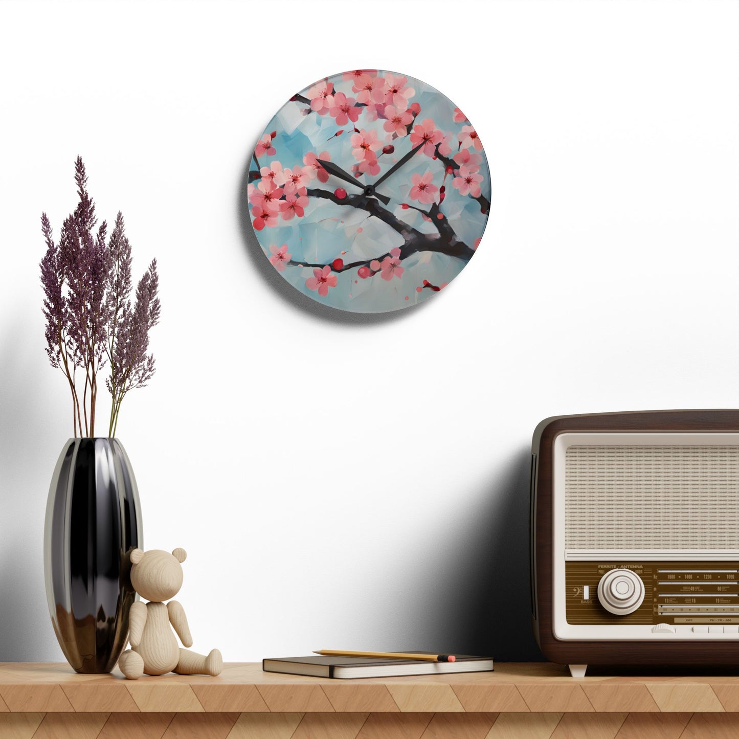 Plum Blossom Asian Floral Design Acrylic Clock Unique Colorful Wall Clock for Kitchen Living Room Nature Lover Field of Flowers Gardener
