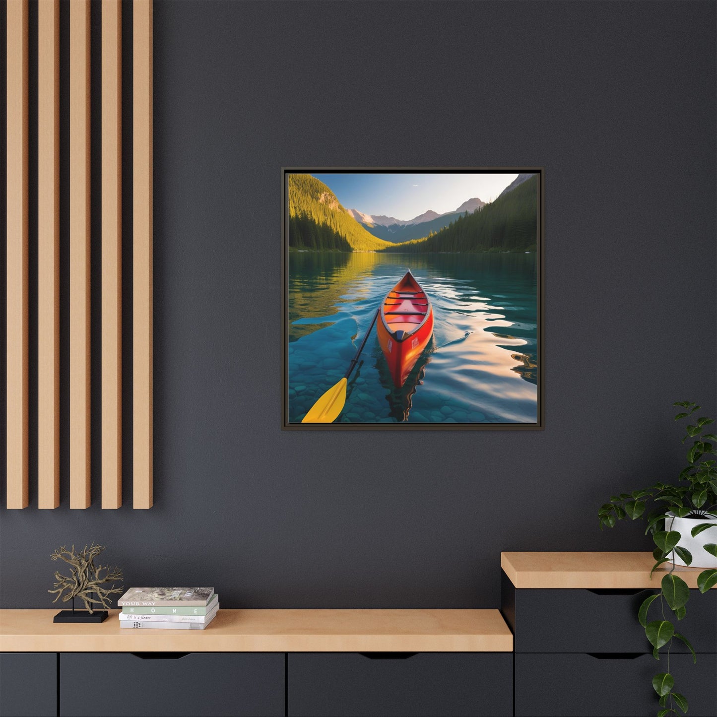 Canoe in the River Framed Canvas Wall Art Mountain Lover Outdoorsman Vacation Kayak Gift Nature Lover Peaceful Zen Gift 3 frame colors