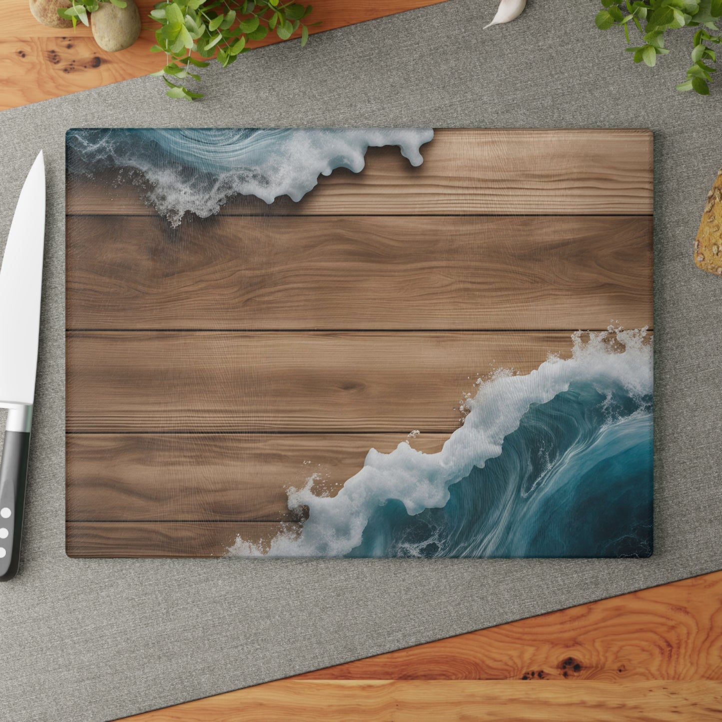 Beachy Kitchen Decor Glass Cutting Board Serving Tray with Wave Design Cutting Board Gift for Home Cook Fun Charcuterie Board