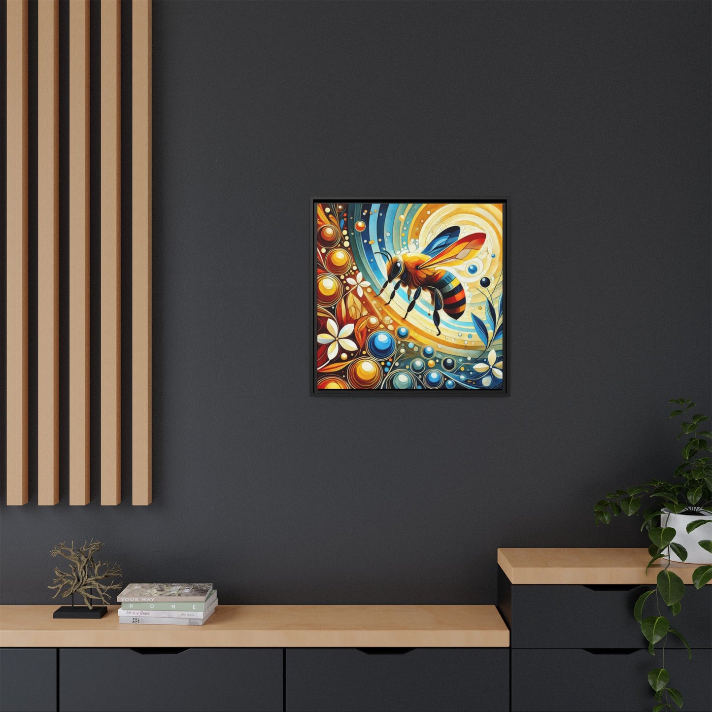 Modern Bee Print Abstract Design Unique Framed Canvas Print Insect Lover Wall Art Animal Lover Nature Lover Decor 3 frame colors