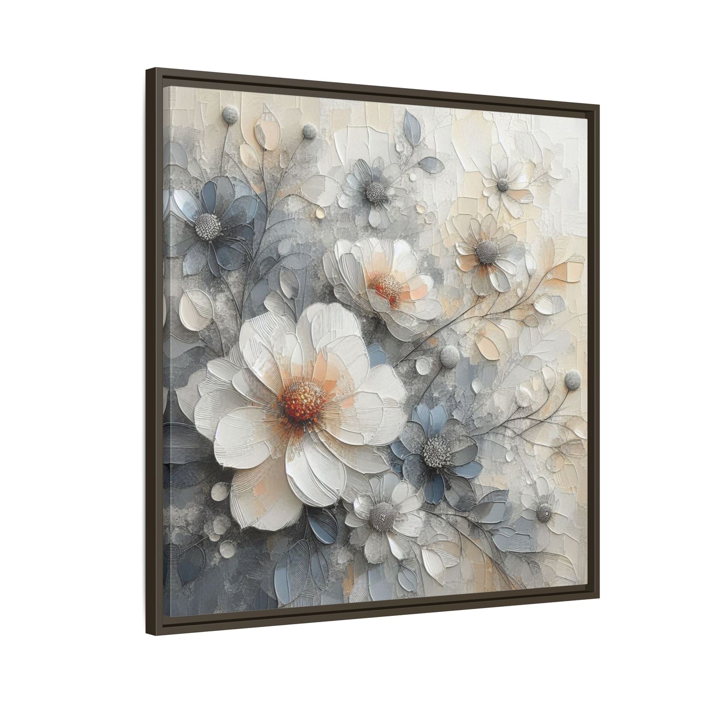 Modern Grey and White Floral Design Unique Framed Canvas Wall Art Flower Lover Gift Nature Lover Gift 3 frame colors