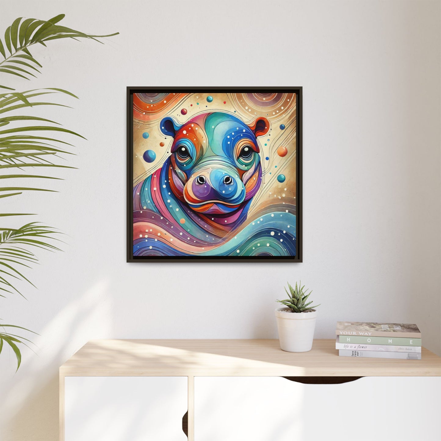 Modern Hippo Print Abstract Design Unique Framed Canvas Print Baby Hippo Wall Art Animal Lover Gift Nature Lover Decor 3 frame colors