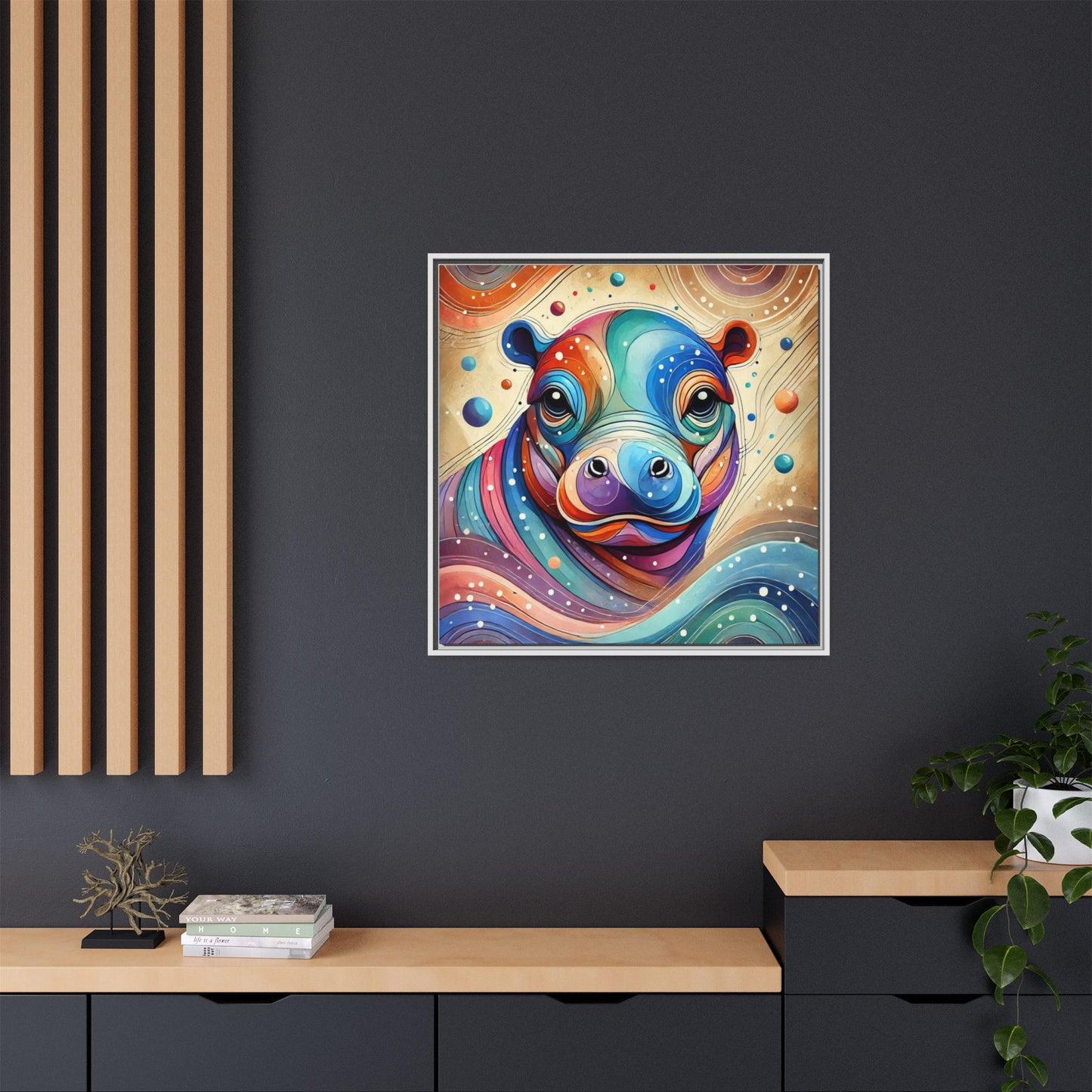 Modern Hippo Print Abstract Design Unique Framed Canvas Print Baby Hippo Wall Art Animal Lover Gift Nature Lover Decor 3 frame colors