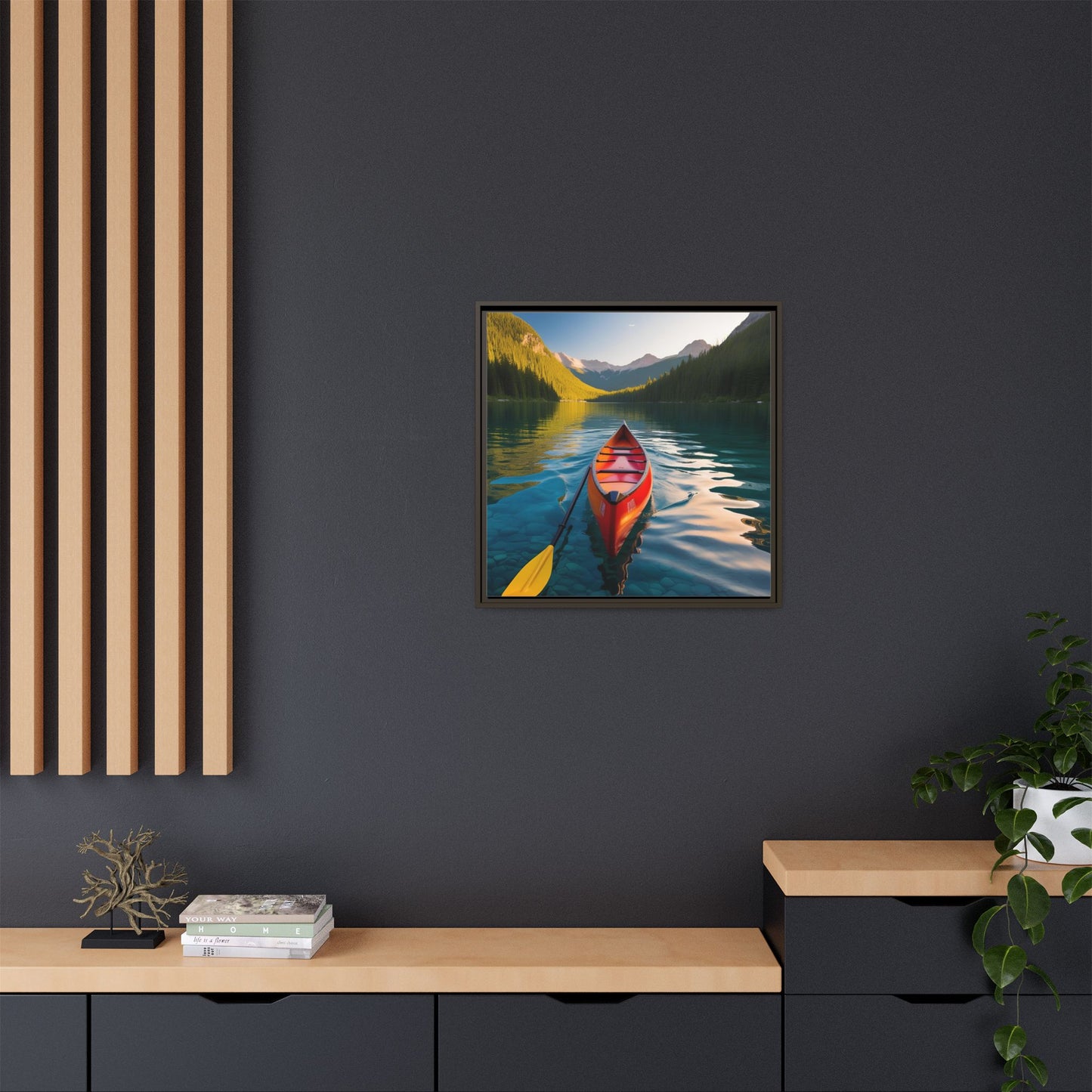 Canoe in the River Framed Canvas Wall Art Mountain Lover Outdoorsman Vacation Kayak Gift Nature Lover Peaceful Zen Gift 3 frame colors
