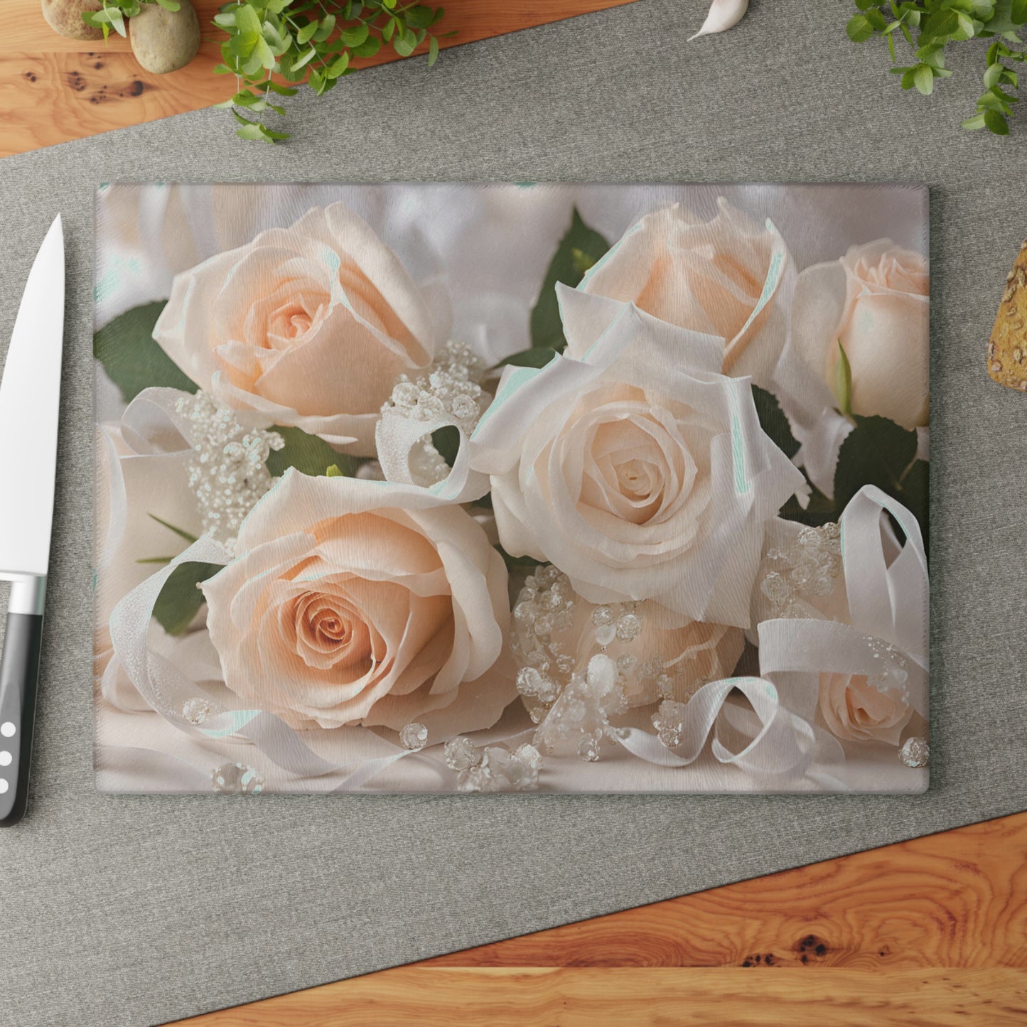 Kitchen Decor Glass Cutting Board Serving Tray with Rose Design Satin Ribbon Pattern Cutting Board Gift for Home Cook Charcuterie Board