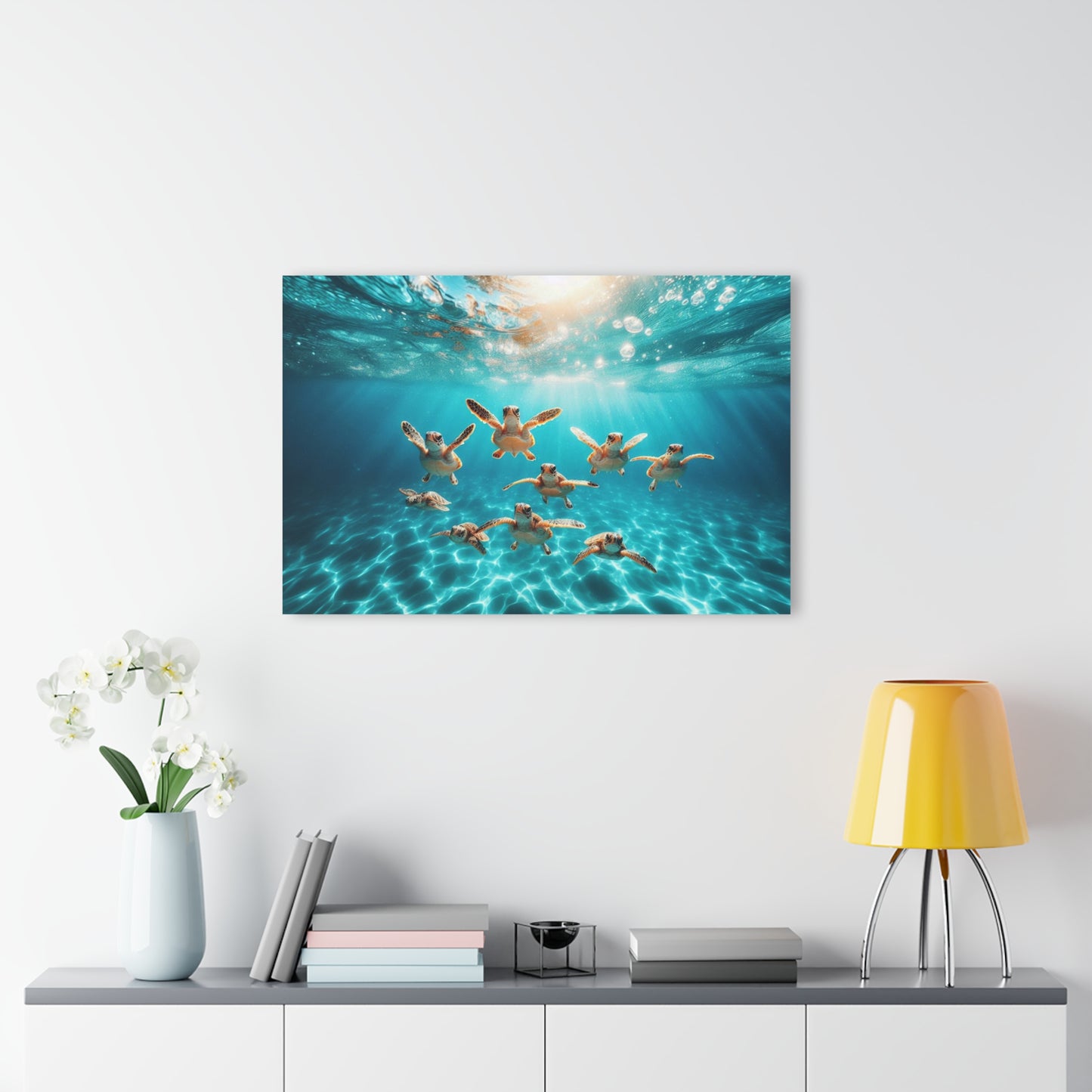 Baby Sea Turtles Out for a Swim Acrylic Print with French Cleat Sea Life Wall Art Underwater Beachy Nature Relaxing Ocean Modern Home Decor