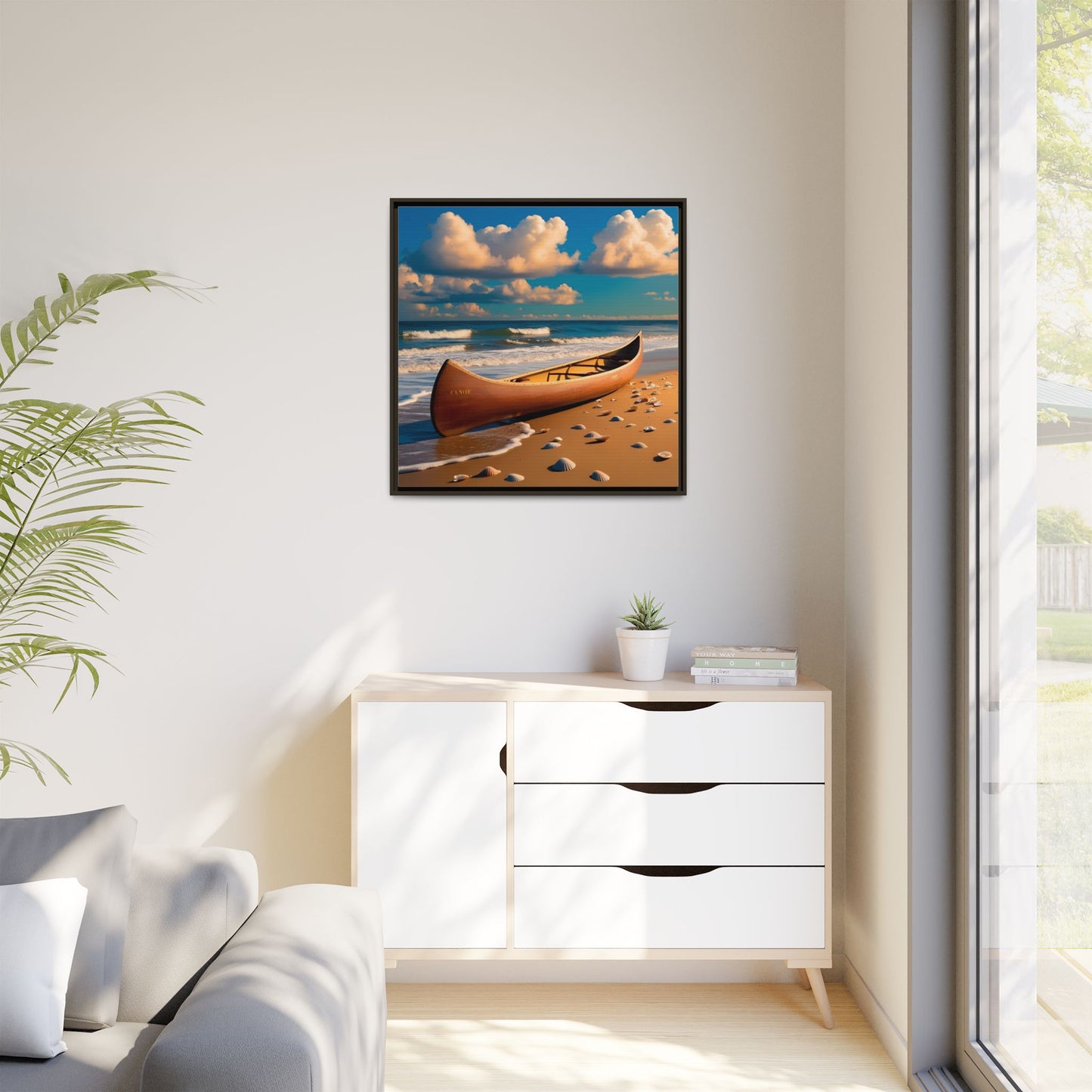 Canoe on the Beach Calm Sunny Day Framed Canvas Wall Art Beach Lover Vacation Oceanic Gift Nature Lover Peaceful Zen Gift 3 frame colors