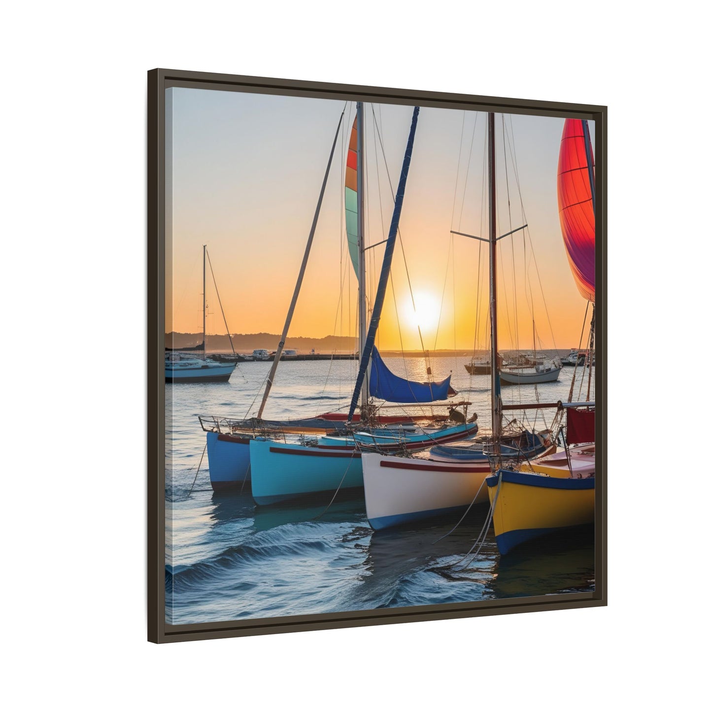 Sailboats at Sunset in Harbor Framed Canvas Wall Art Beach Lover Vacation Oceanic Gift Nature Lover Peaceful Zen Sunrise Art 3 frame colors