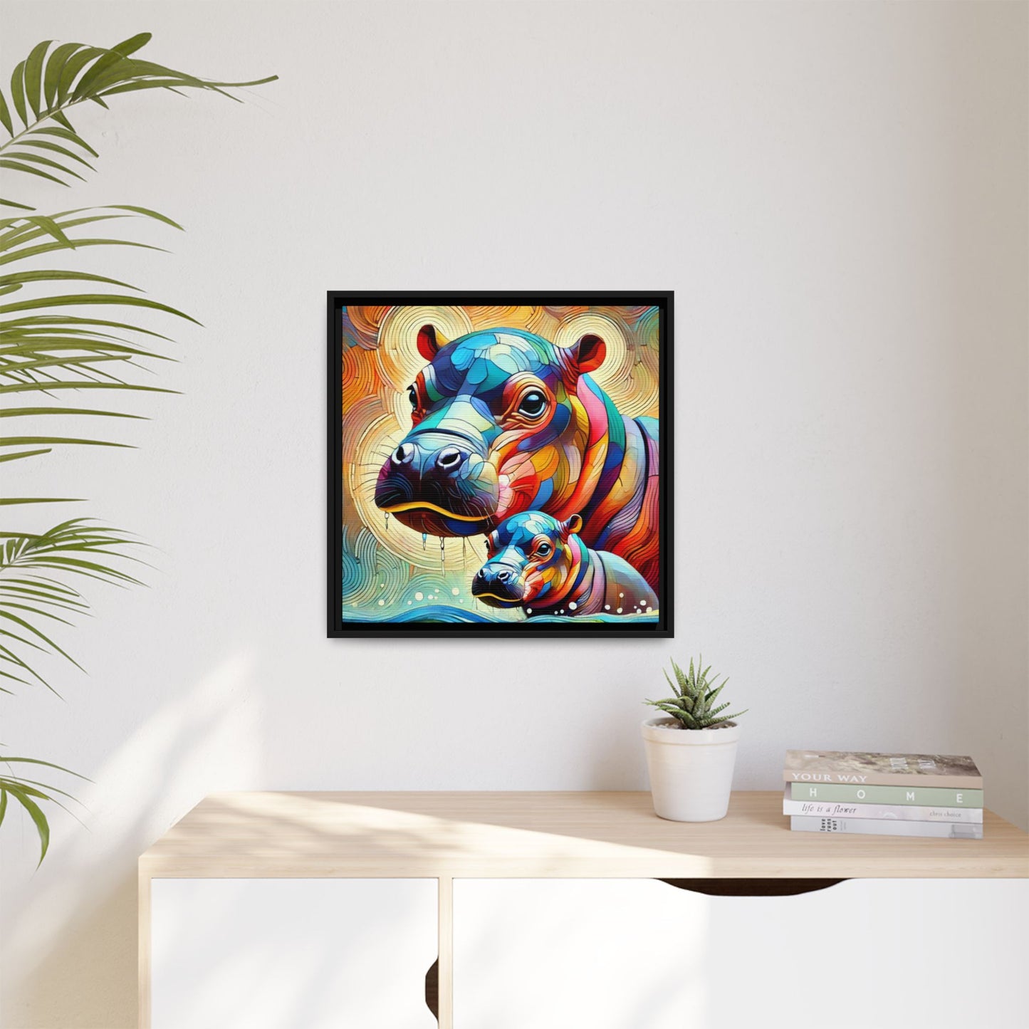 Modern Hippo Print Abstract Design Unique Framed Canvas Print Baby Hippo Wall Art Animal Lover Gift Nature Lover Decor 3 frame colors