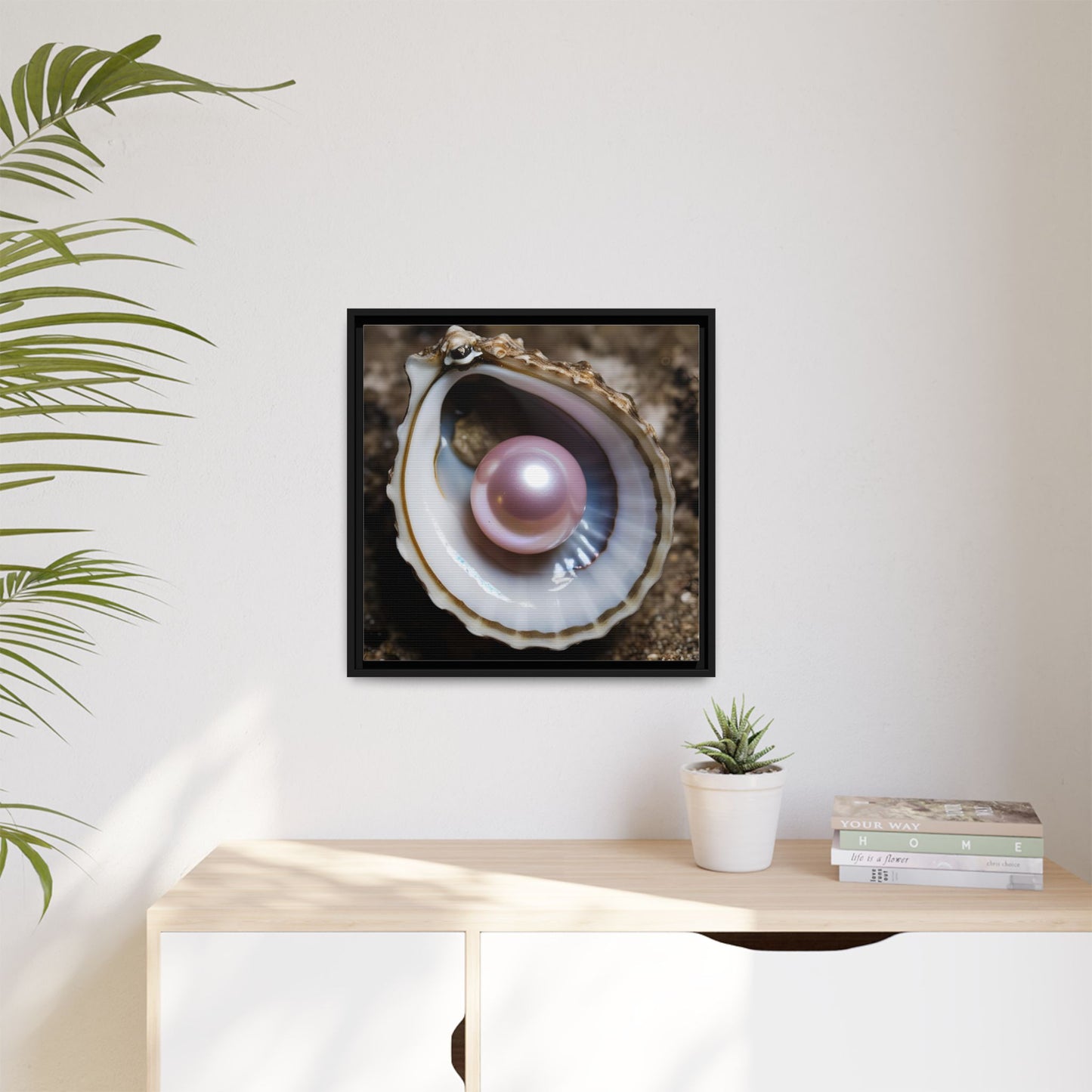 Pink Pearl in Oyster Shell Framed Canvas Wall Art Beach Lover Vacation Oceanic Gift Nature Lover Peaceful Zen Gift 3 frame colors