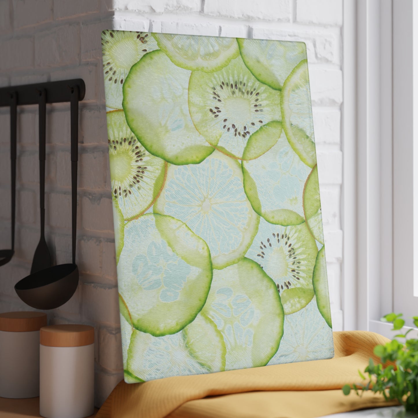 Kitchen Decor Glass Cutting Board Serving Tray with Cucumber, Kiwi and Lime Design Cutting Board Gift for Home Cook Fun Charcuterie Board