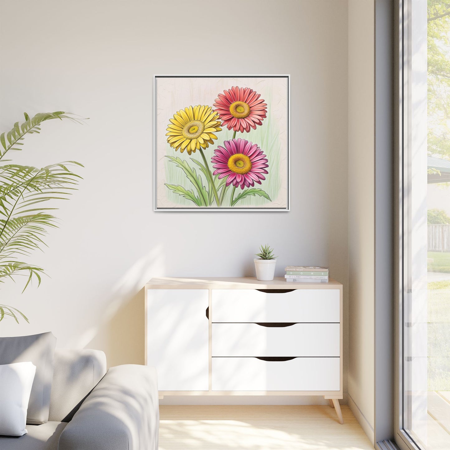 Daisy Floral Design Unique Framed Canvas Wall Art Flower Lover Gift Wildflower Artwork Nature Lover Lanscape Gift 3 frame colors