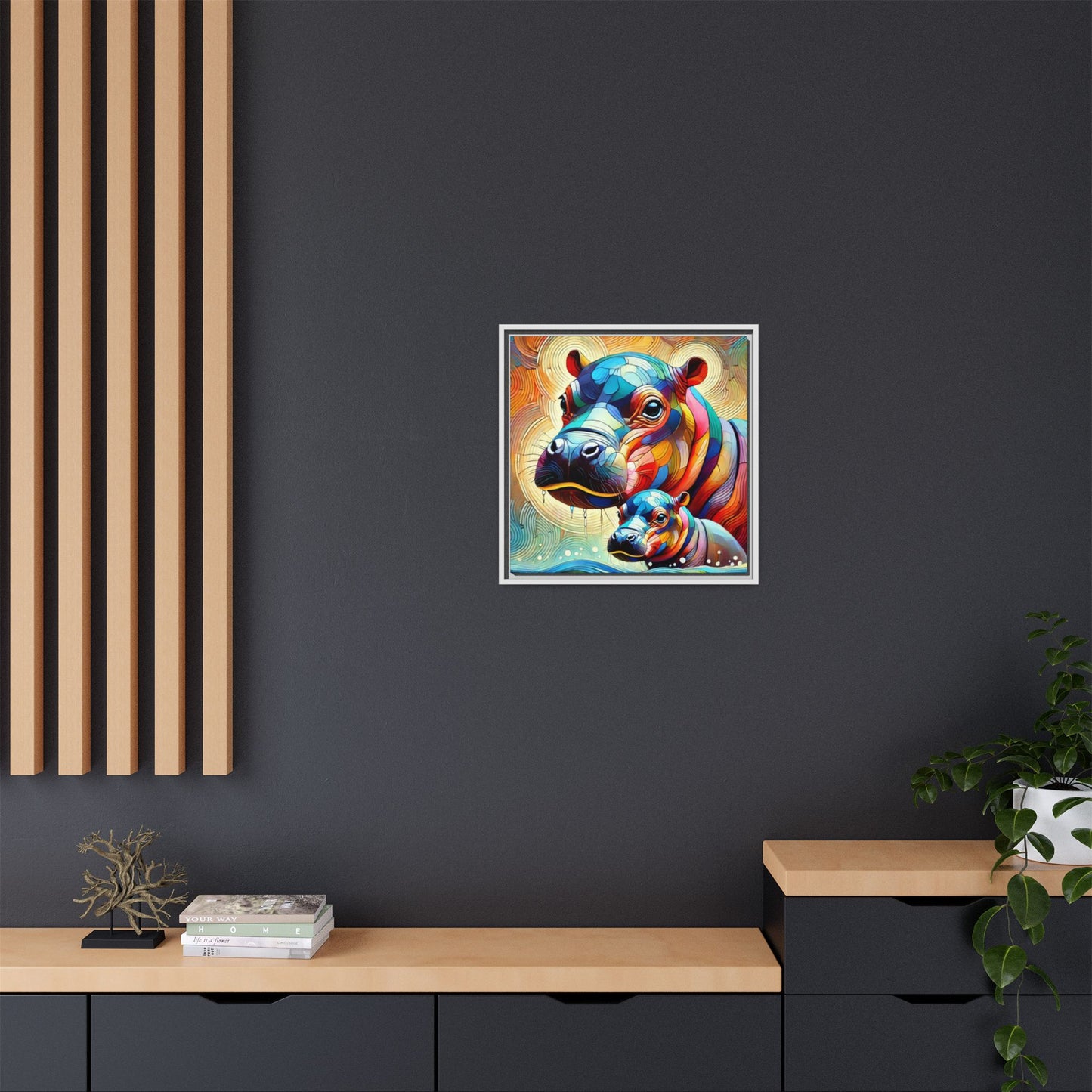 Modern Hippo Print Abstract Design Unique Framed Canvas Print Baby Hippo Wall Art Animal Lover Gift Nature Lover Decor 3 frame colors