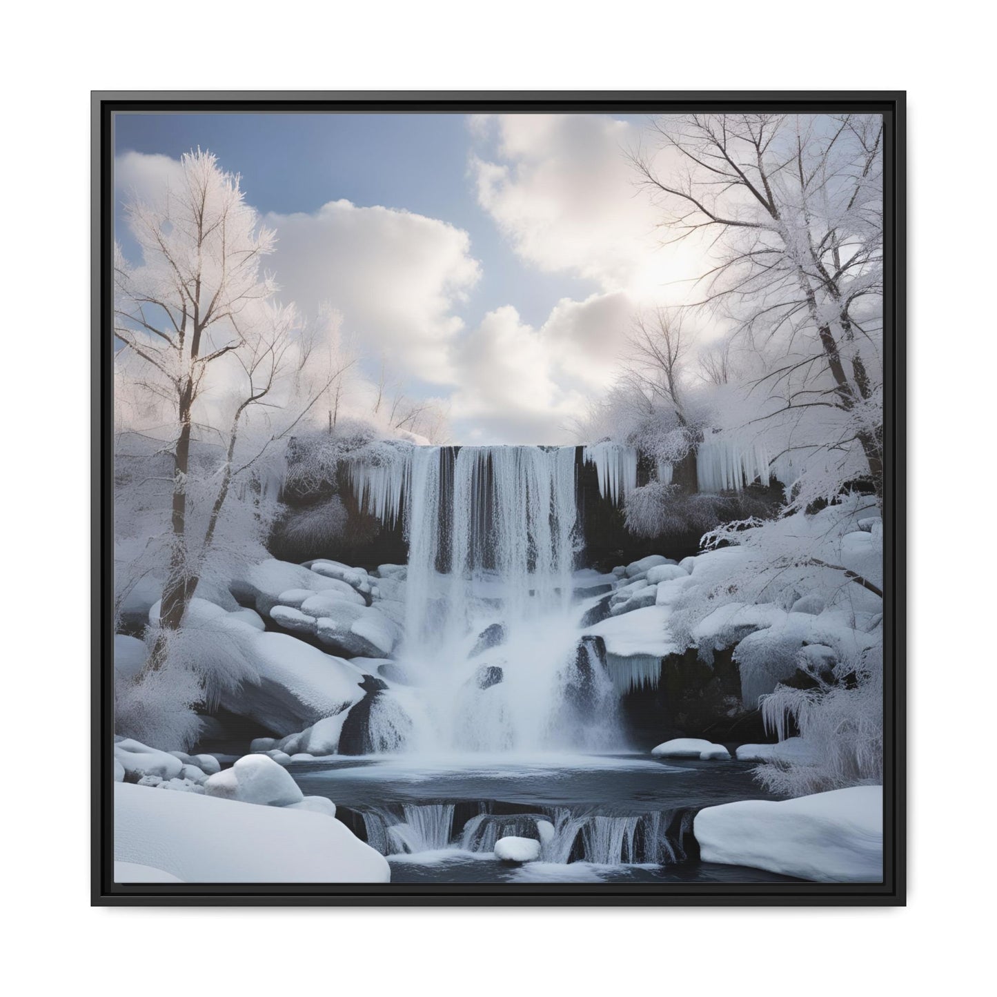 Modern Snowy Waterfall Design Unique Framed Canvas Wall Art Winter Scene Nature Lover Gift Mountain Landscape Decor Gift 3 frame colors
