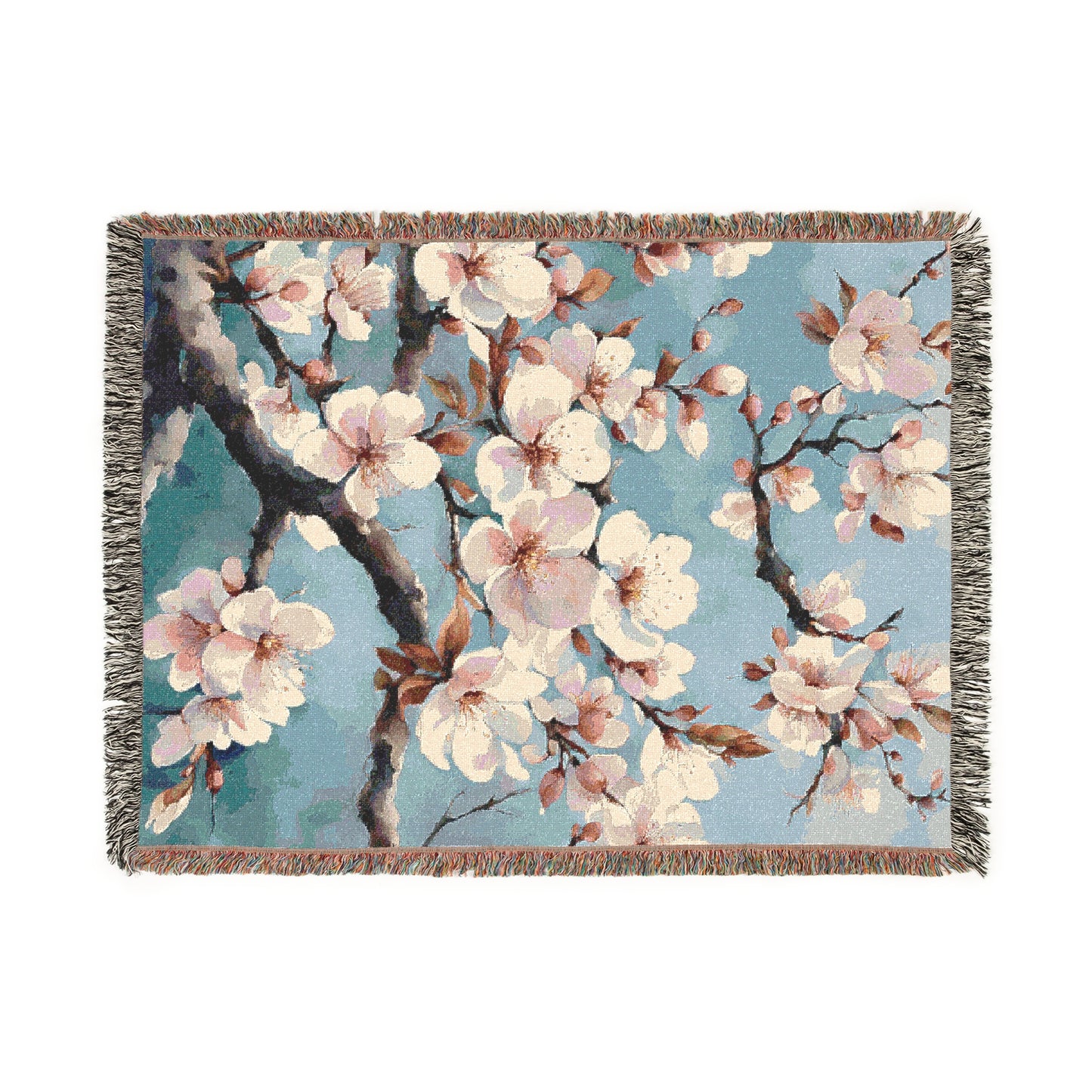 Asian Art Style Plum Blossoms Cozy Reading Throw for Book Lovers Cotton Woven Fringed Picnic Blanket Wall Art